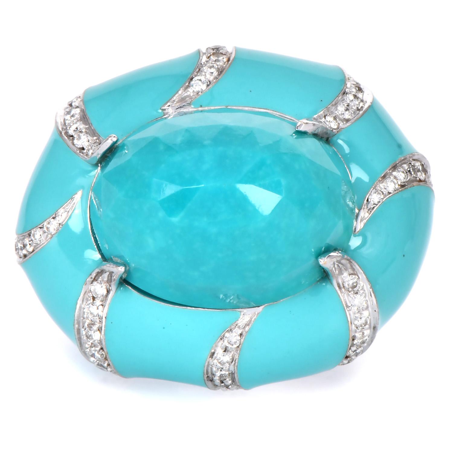 An exquisite mid-century estate ring, depicting a stunning vintage Egyptian turban design.
This piece features a beautifully faceted, sugarloaf dome turquoise at its center, elegantly set with diamond-encrusted wave-like prongs.
The ring is further