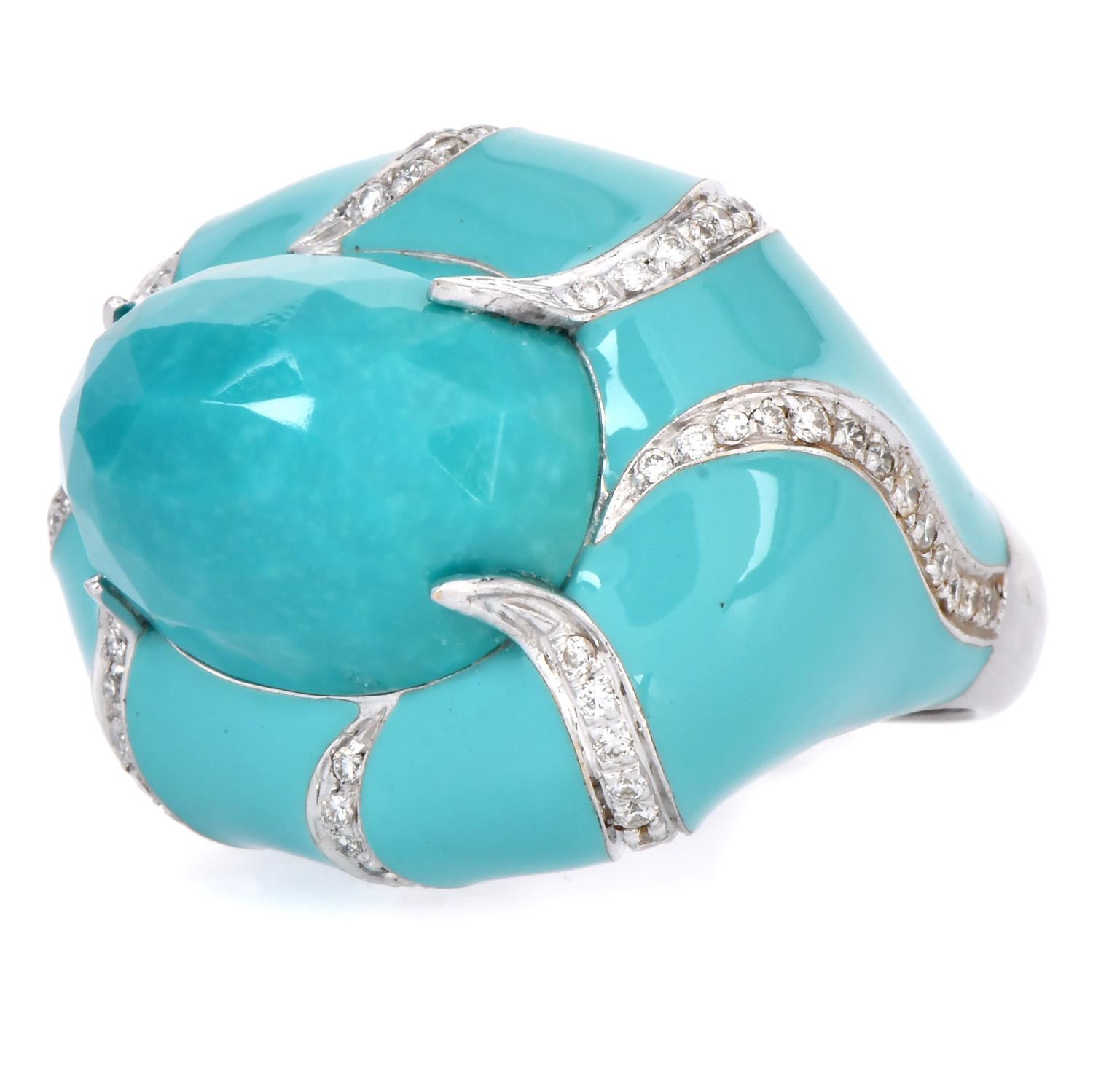 Cabochon Estate Diamond Faceted Turquoise Dome 18K Statement Ring