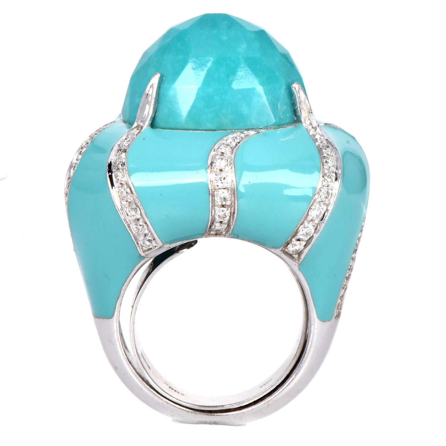 Estate Diamond Faceted Turquoise Dome 18K Statement Ring In Excellent Condition In Miami, FL