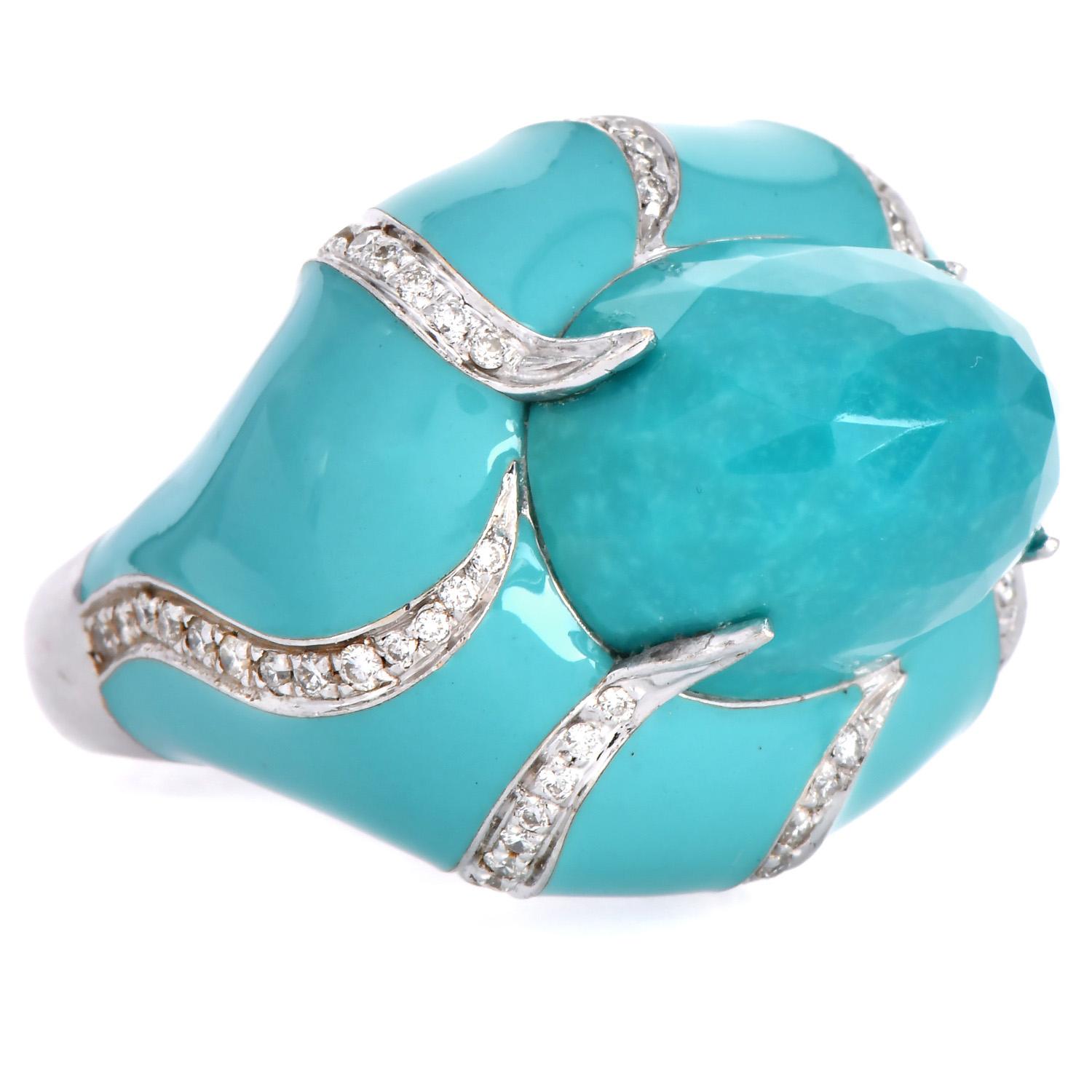 Estate Diamond Faceted Turquoise Dome 18K Statement Ring 1