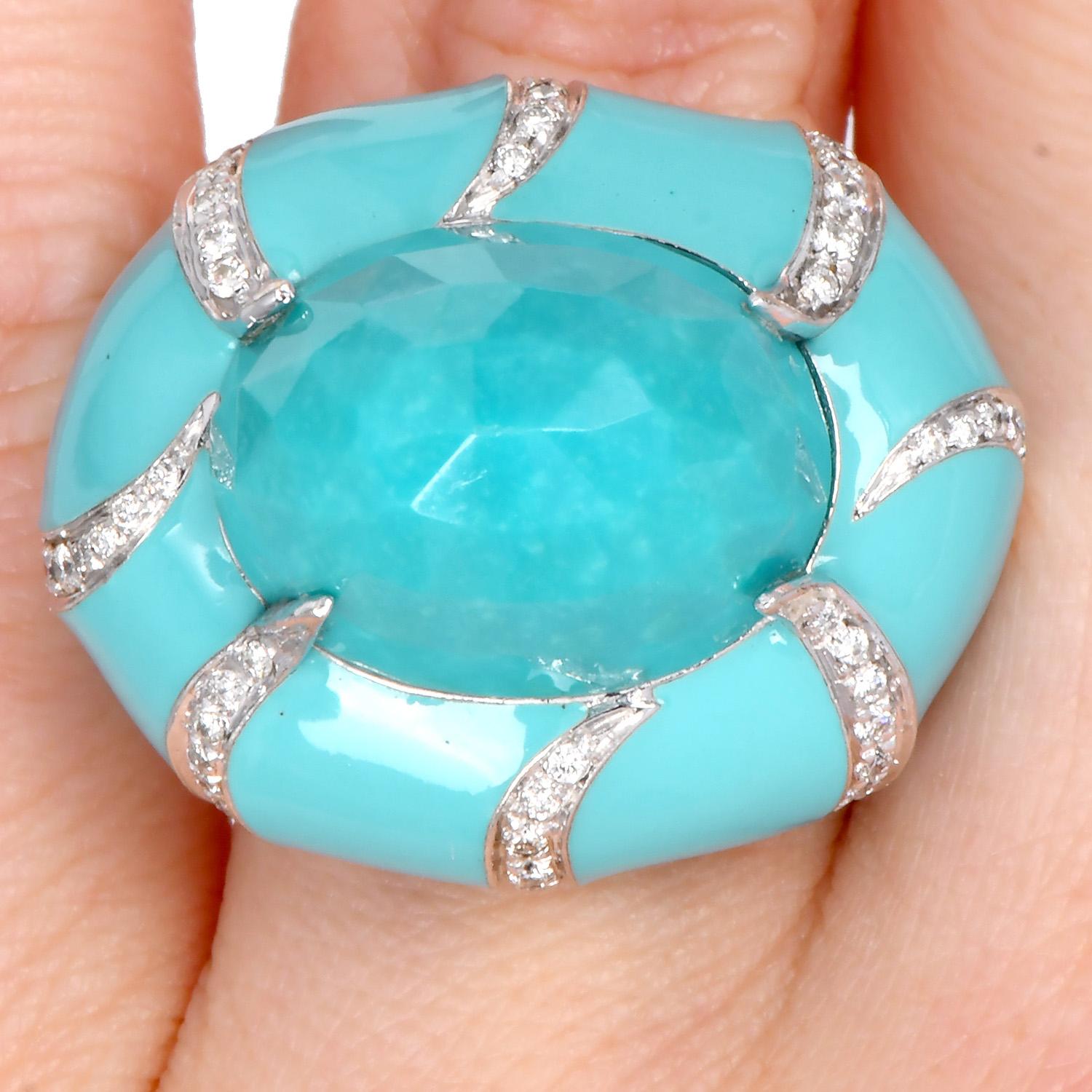 Estate Diamond Faceted Turquoise Dome 18K Statement Ring 2