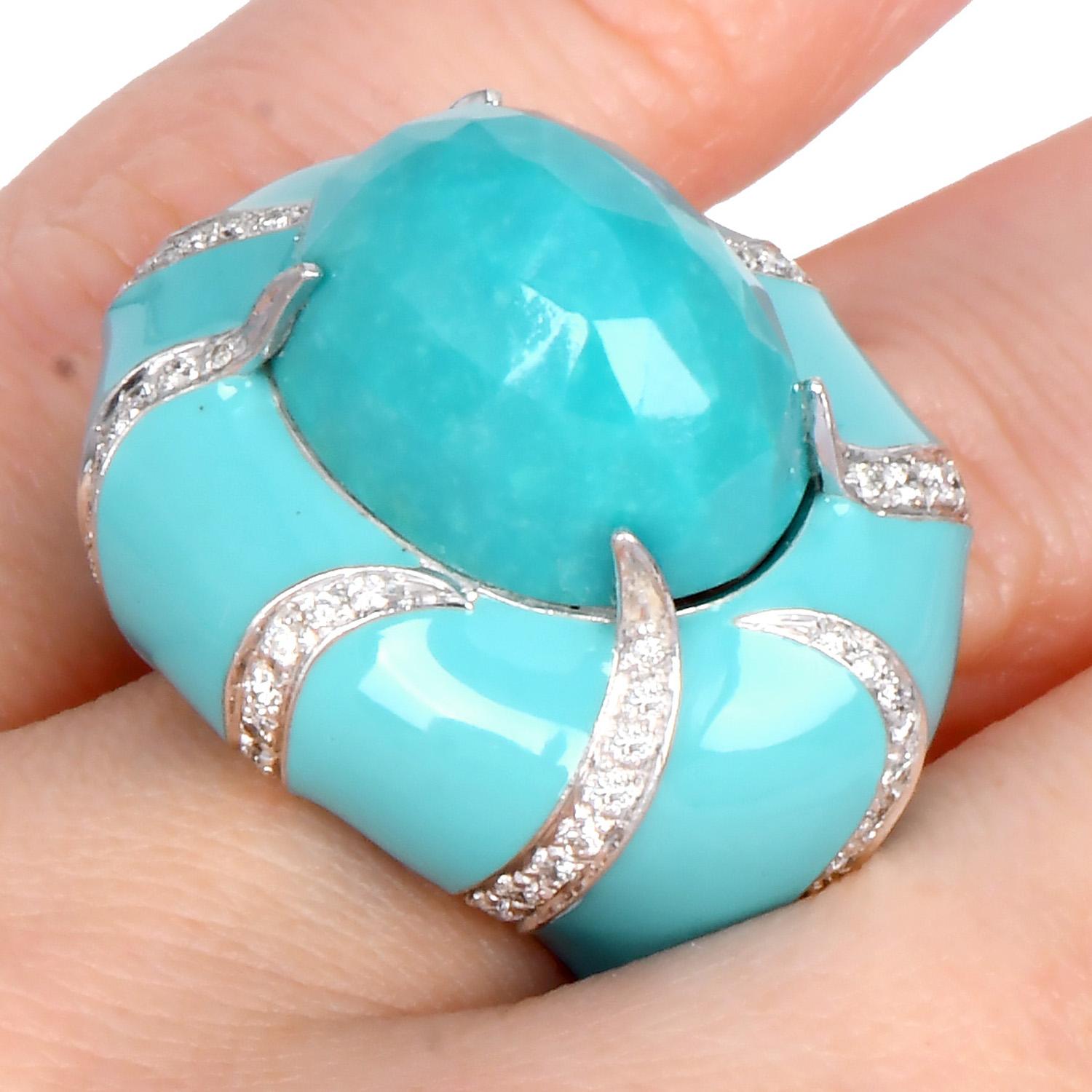 Estate Diamond Faceted Turquoise Dome 18K Statement Ring 4