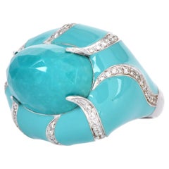 Vintage Estate Diamond Faceted Turquoise Dome 18K Statement Ring