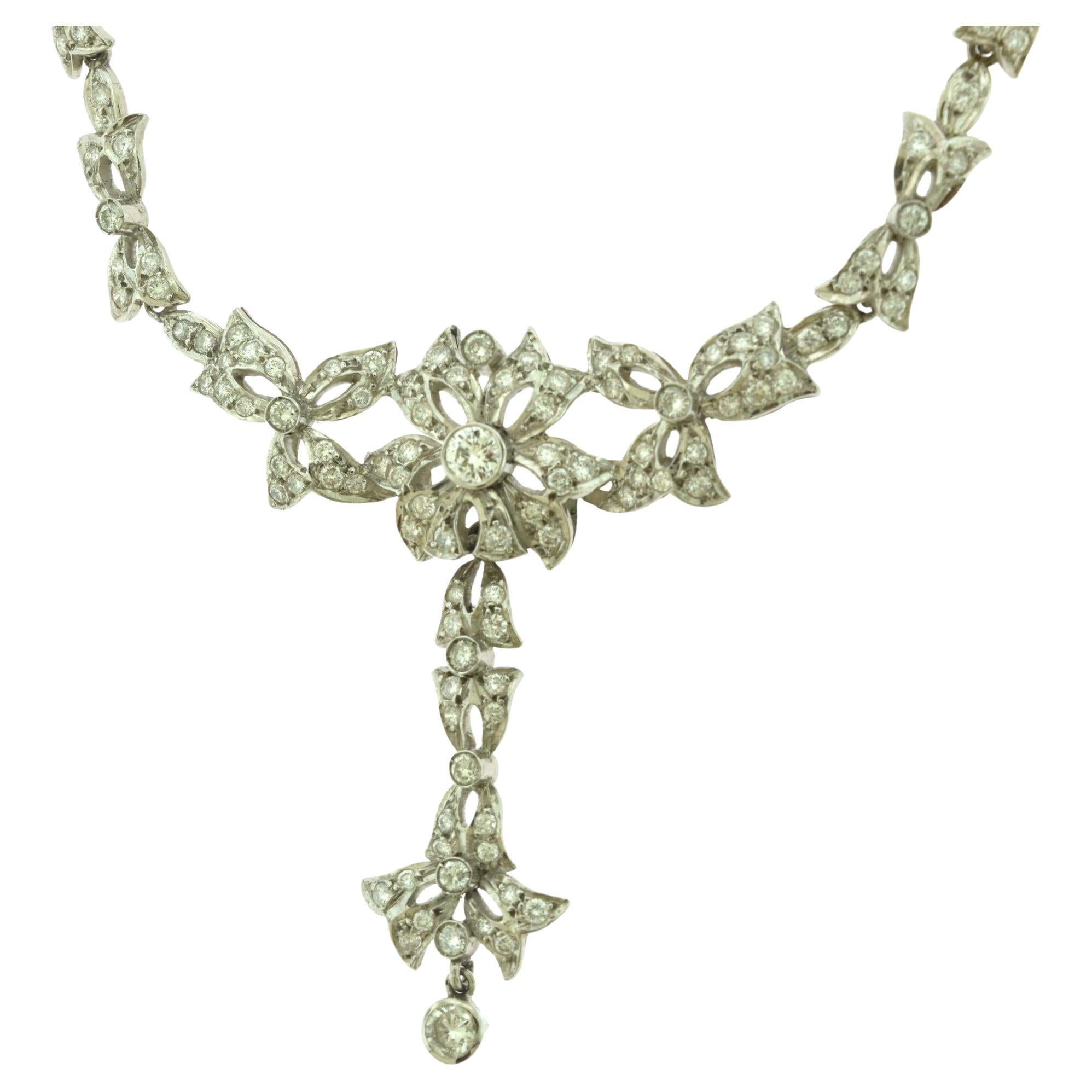 Estate Diamond Floral Motif Cocktail Necklace in 18k White Gold, 17 inches