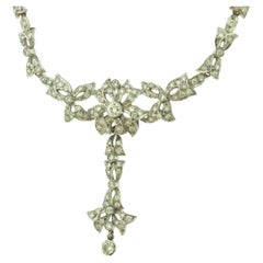 Estate Diamond Floral Motif Cocktail Necklace in 18k White Gold, 17 inches