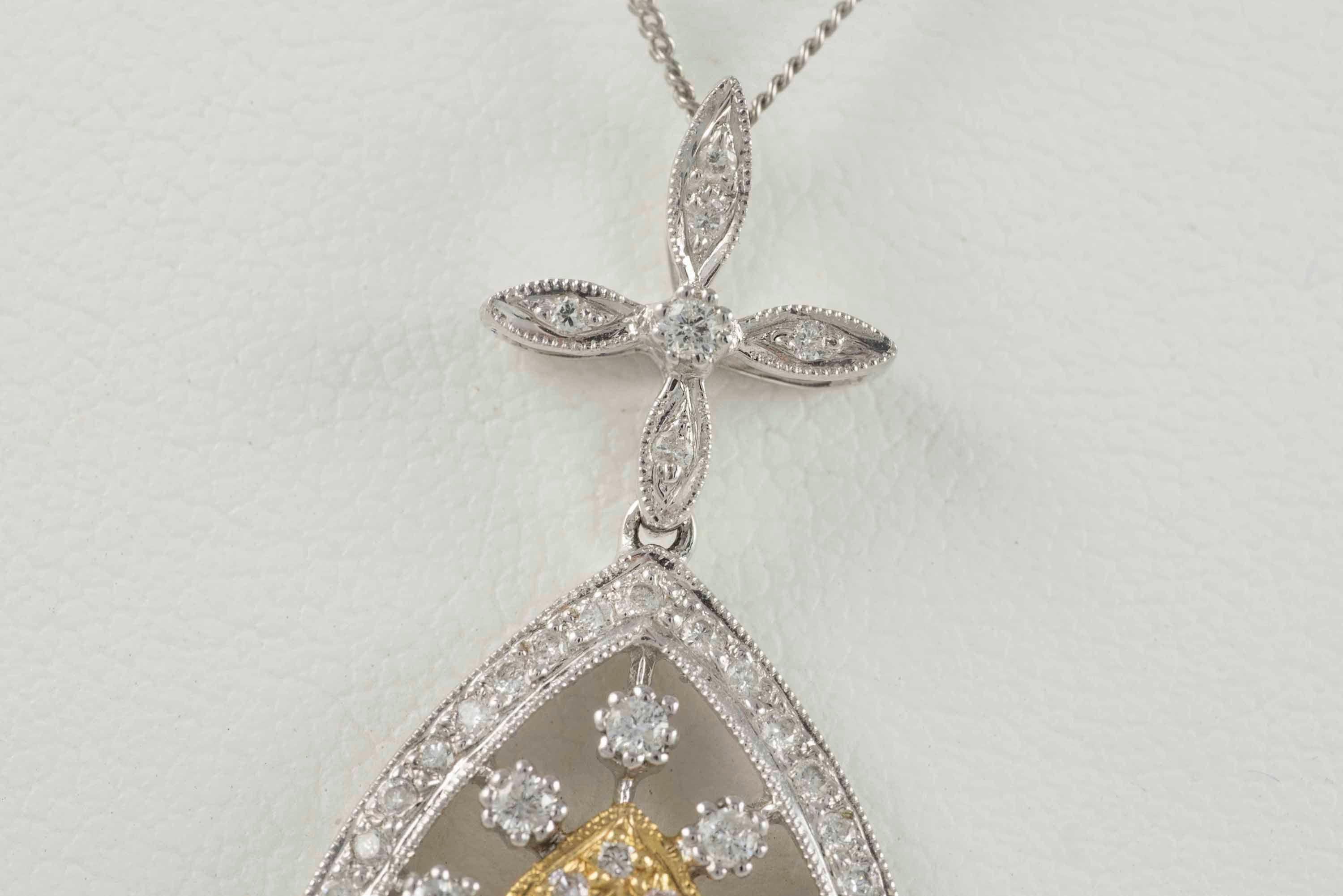 Round Cut Estate Diamond Flower and Tear Drop Pendant Necklace For Sale