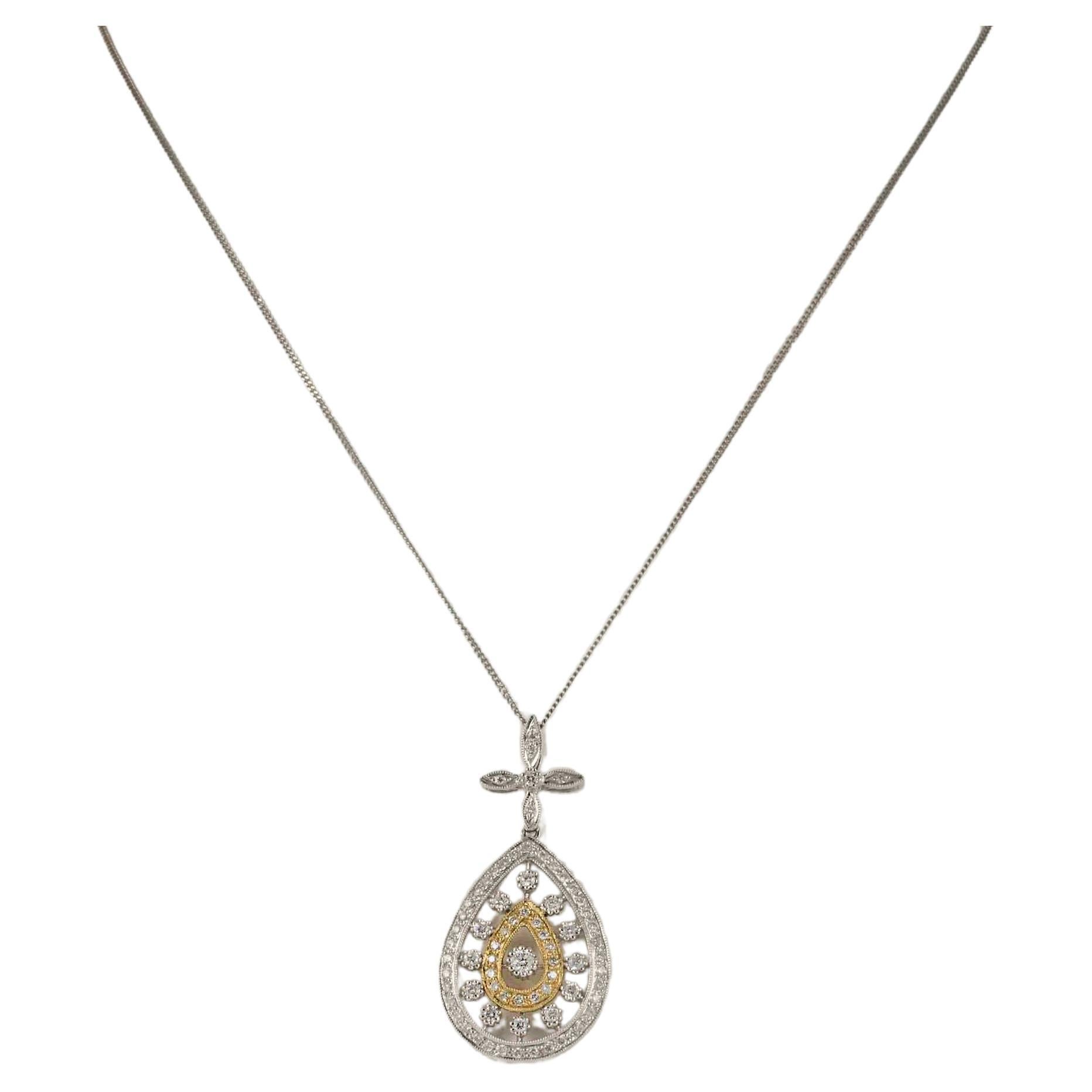 Estate Diamond Flower and Tear Drop Pendant Necklace