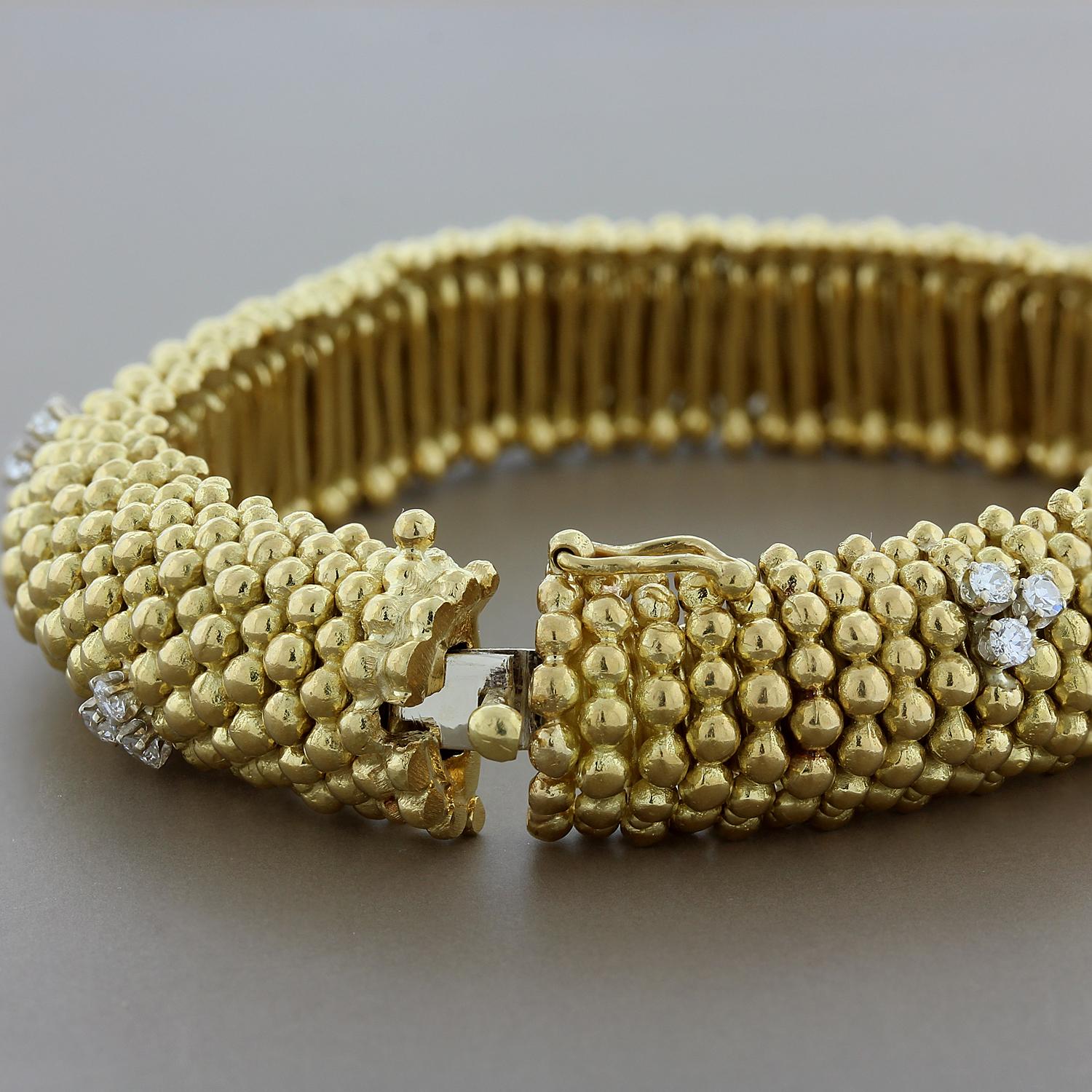 Round Cut Estate Diamond 18K Yellow Gold Bead Stretch Bracelet For Sale