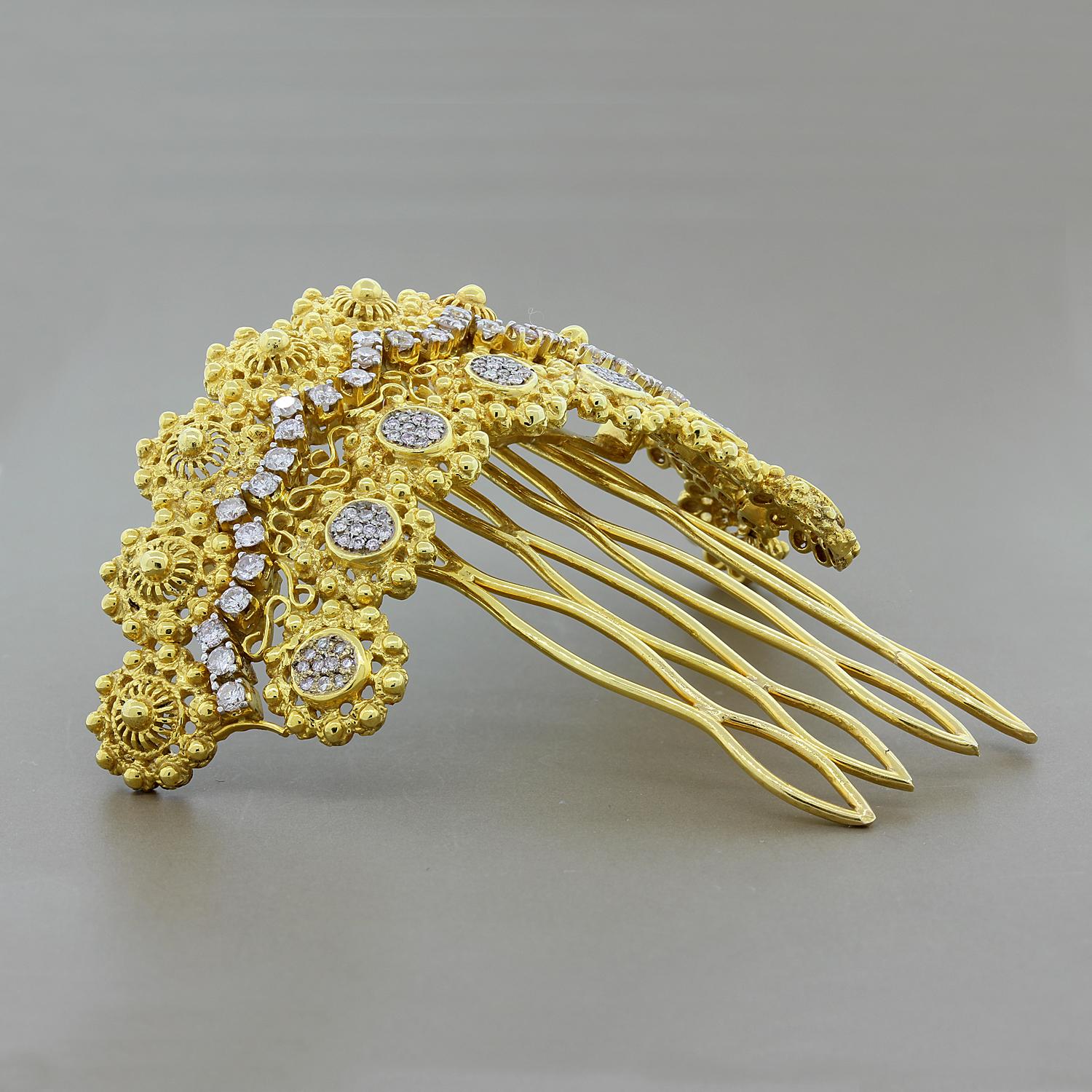 A handmade estate French hair comb from the early 1900’s. It is made of 18K yellow gold filigree work and beading and features 2 carats of round cut diamonds.  

Width: 2 ¾ inches
Height with Comb: 2 ½ inches
Height of Prongs: 2 inches
Height of