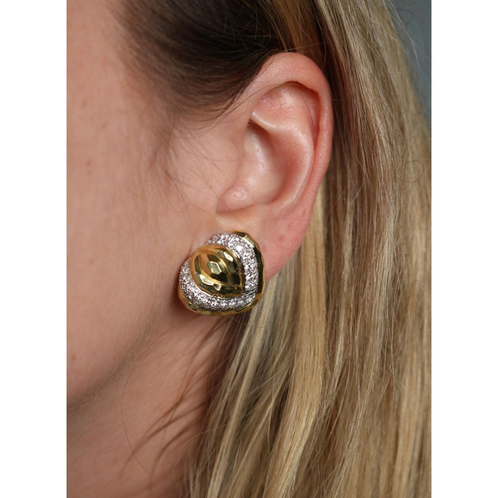 Modern Estate Diamond Heart Earrings Clip-Ons 18K White and Yellow Gold ~2.86ctw For Sale