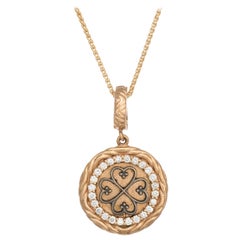 Estate Diamond Heart Pendant Necklace Four Leaf Clover 18k Gold Vintage Jewelry