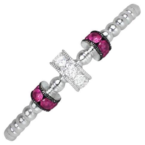 Estate Diamond Jewelry Diamond & Ruby Band Ring, 18k White Gold For Sale