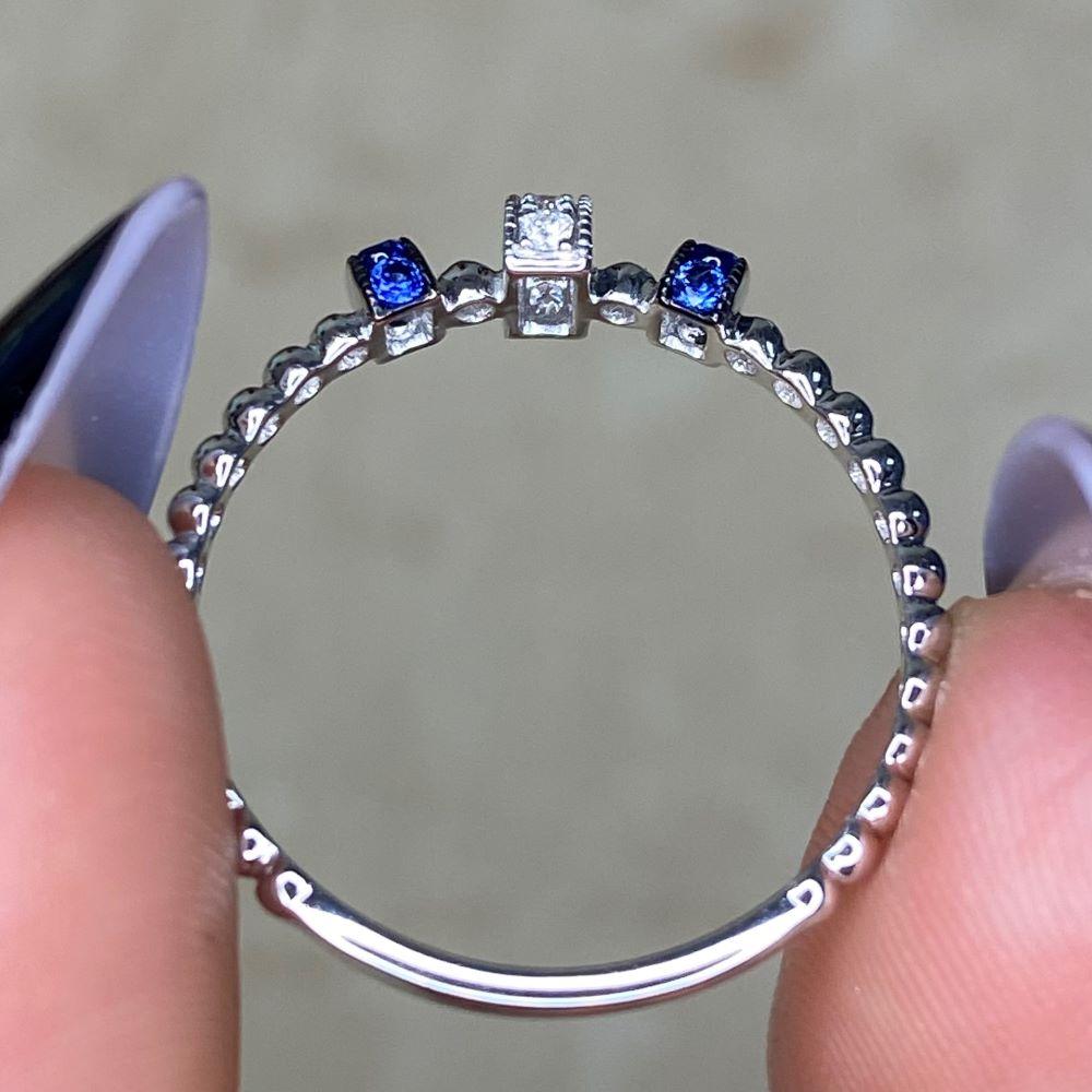 Estate Diamond Jewelry Diamond & Sapphire Band Ring, 18k White Gold  For Sale 5