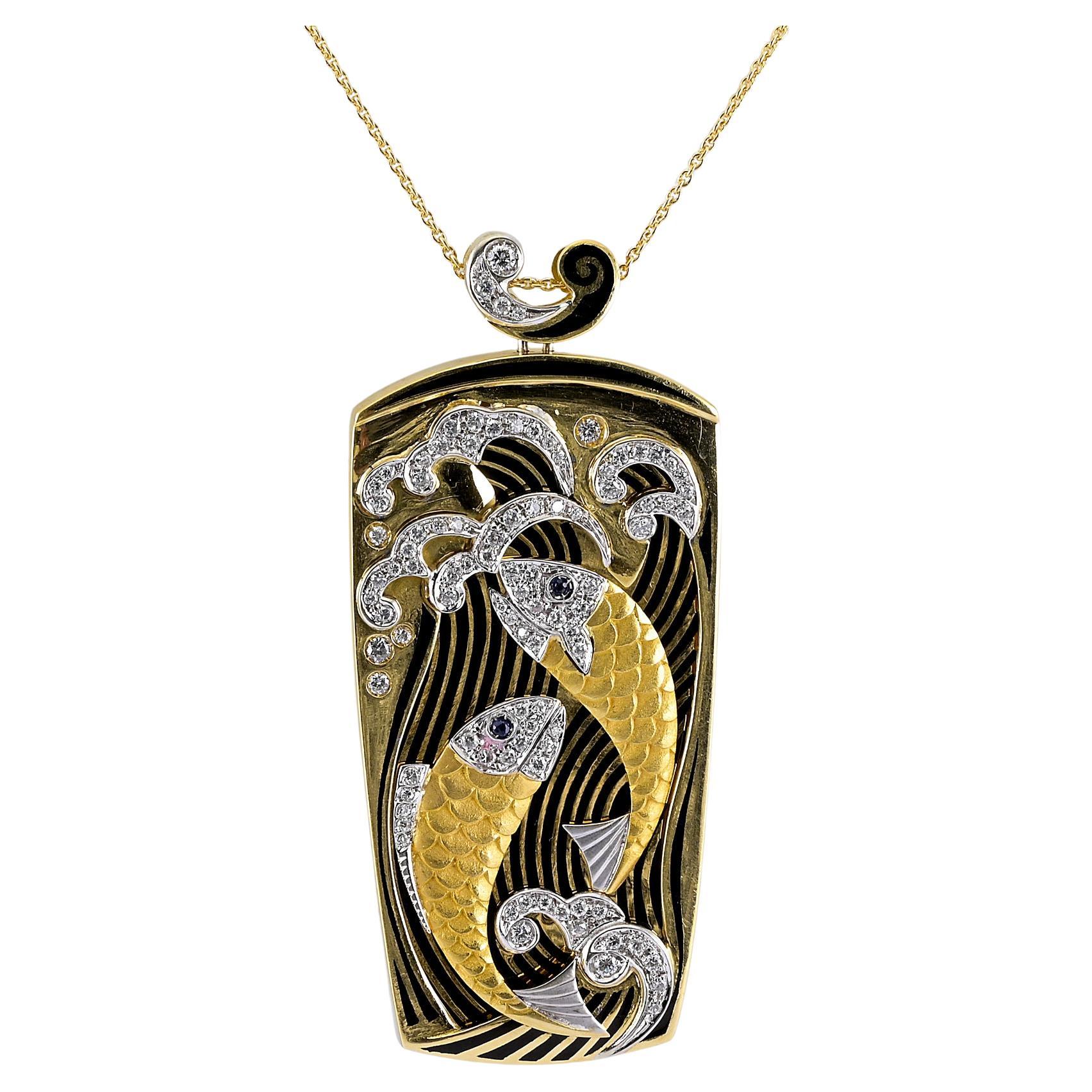 Estate Diamond Koi Fish Large Amazing 18 KT Ciondolo a catena in vendita
