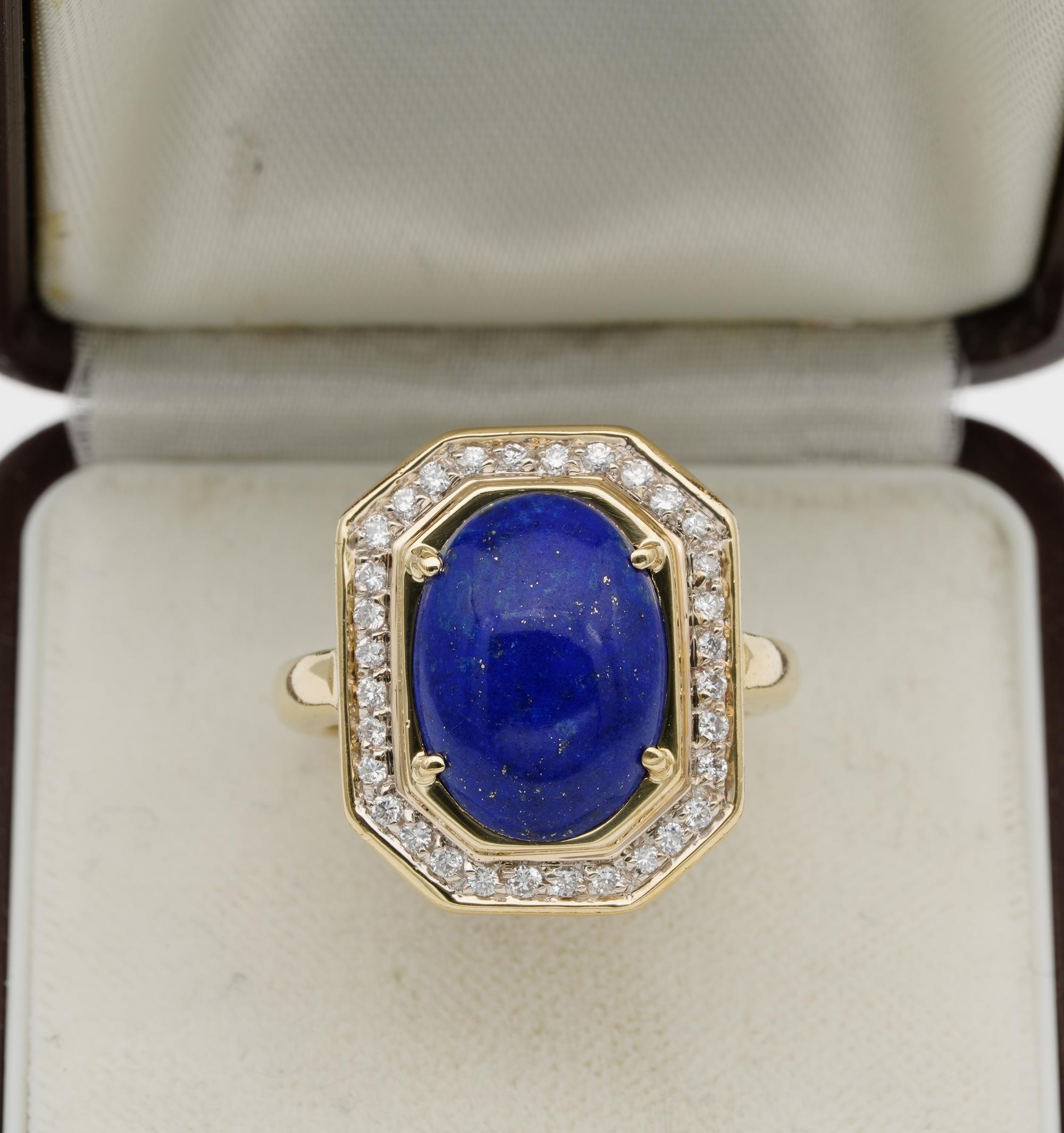This superb 1970 ca ring has been hand crafted of solid 18 Kt gold, Italian origin
Unique sturdy design and finest workmanship with detailed back work and elegant octagonal shaped head
Centrally set with an oval cabochon Lapis stone prizing richl