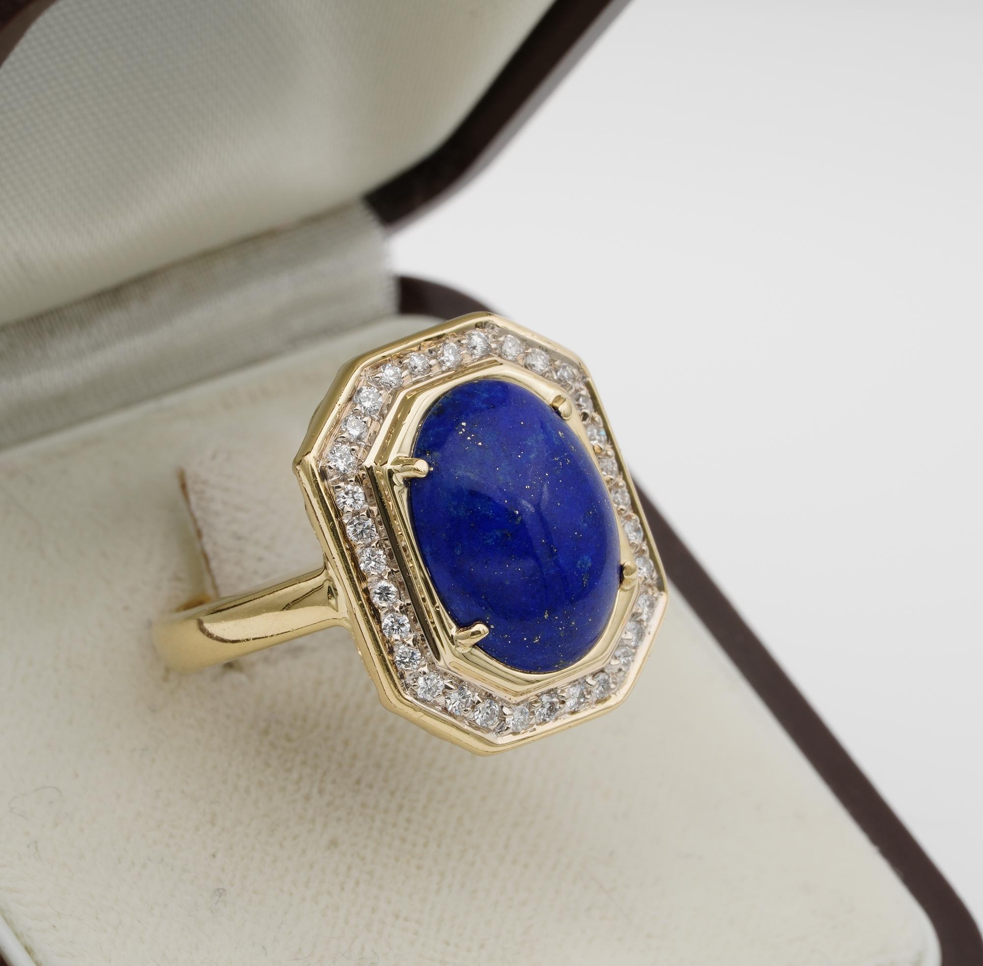 Cabochon Estate Diamond Lapis Ring 18 KT Gold For Sale