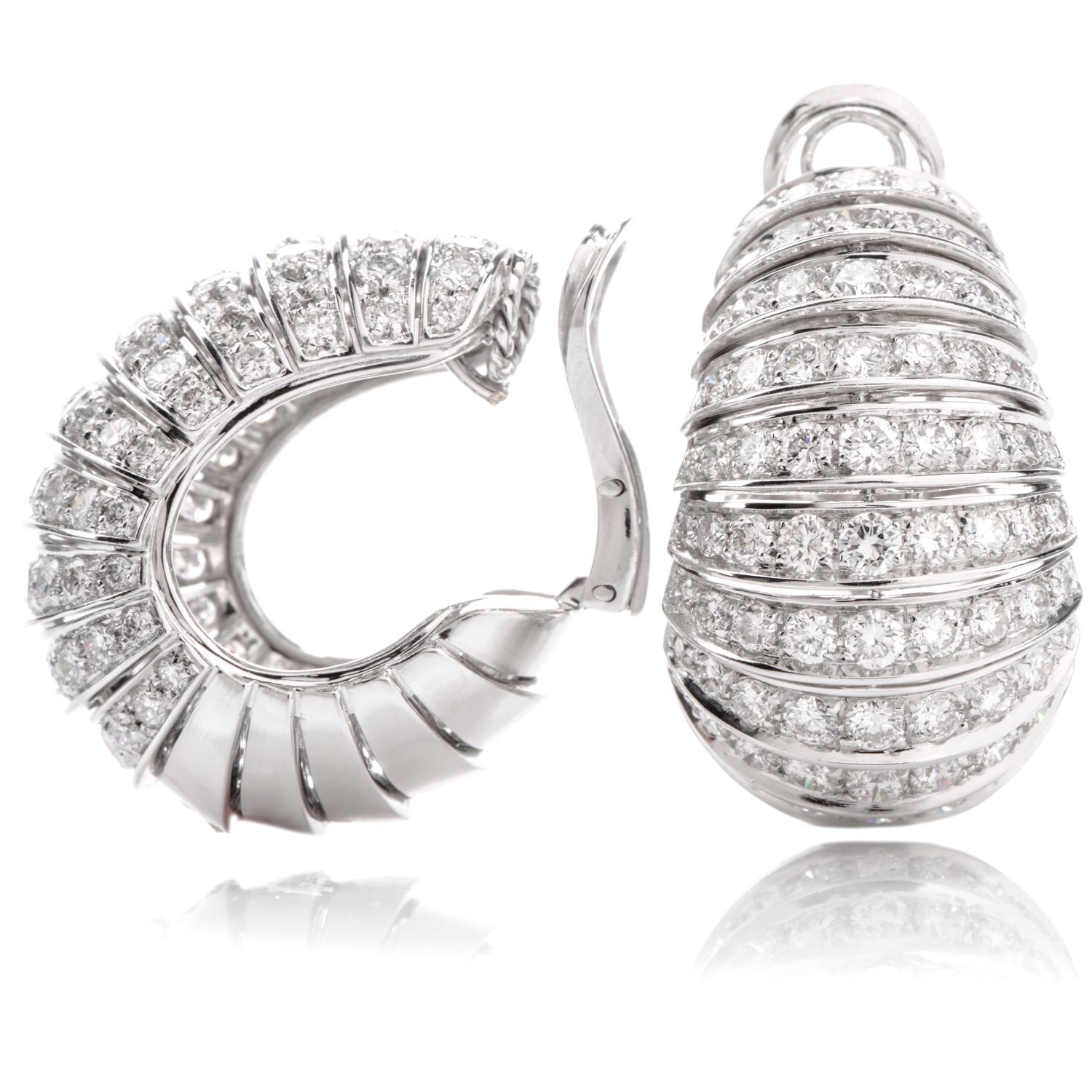 Modern Estate Diamond Large Shell Motif 18 Karat Hoop Clip-On Earrings