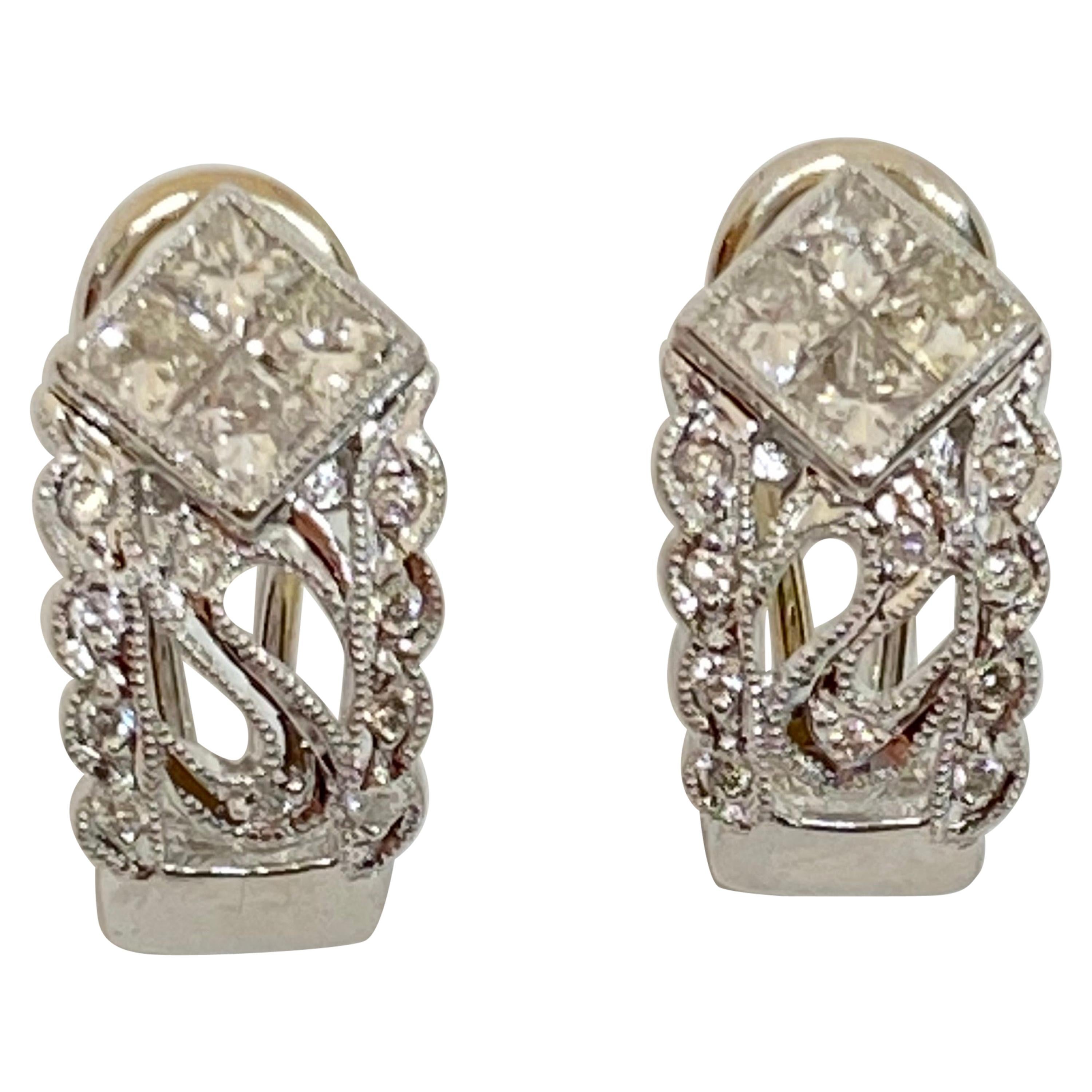 Estate Diamond Omega French Clip Huggie Earrings 14 Karat White Gold 1 Carat For Sale