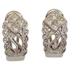Estate Diamond Omega French Clip Huggie Earrings 14 Karat White Gold 1 Carat