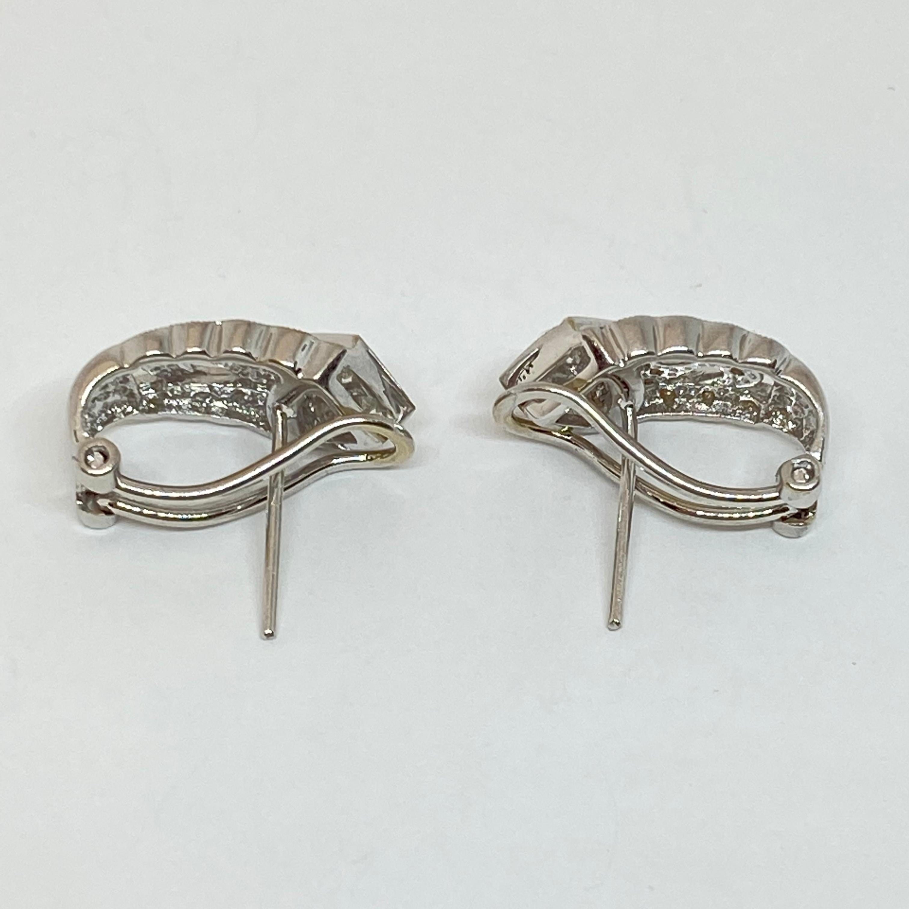 Princess Cut Estate Diamond Omega French Clip Huggie Earrings 14 Karat White Gold 1 Carat For Sale