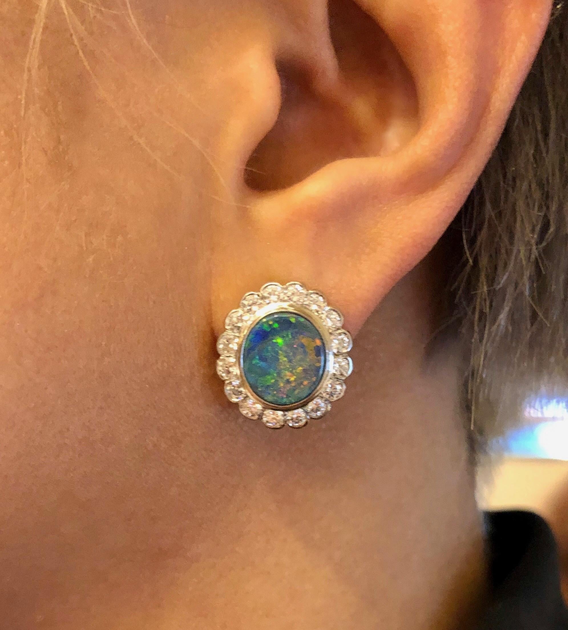 Women's Estate Diamond Opal Platinum and Gold Cluster Earrings