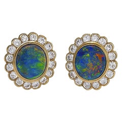Estate Diamond Opal Platinum and Gold Cluster Earrings