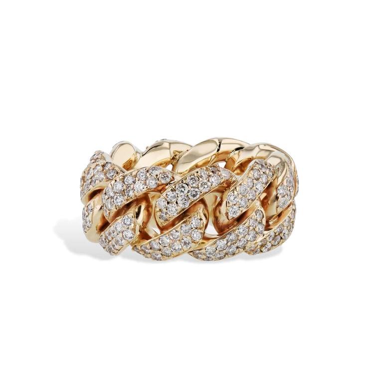 Brilliantly blaze up your look with this stunning yellow gold diamond pave Cuban link estate ring. 

This majestic piece is adorned with an estimated 3.00 carat diamonds.  This ring measures 12.2 mm in width. 
It is a size 9.5. 

This ring will
