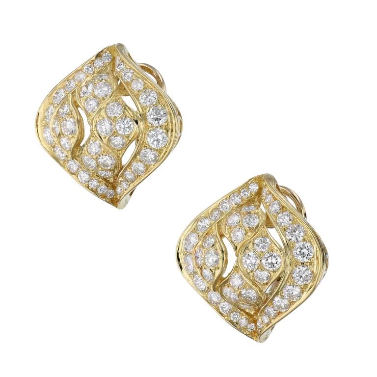 Round Cut Estate Diamond Pave Yellow Gold Earrings For Sale