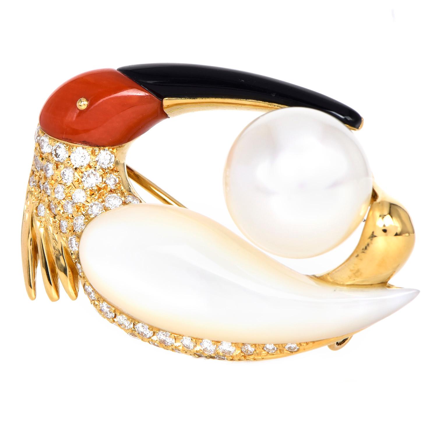 Modern Estate Diamond Pearl Coral Onyx 18K Gold White Ibis Bird Brooch Pendant For Sale