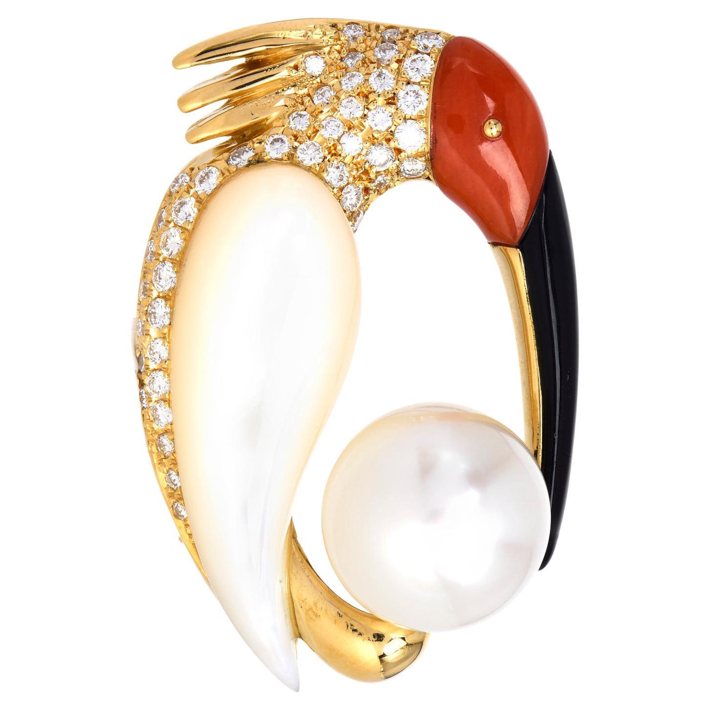 Estate Diamond Pearl Coral Onyx 18K Gold White Ibis Bird Brooch Pendant For Sale