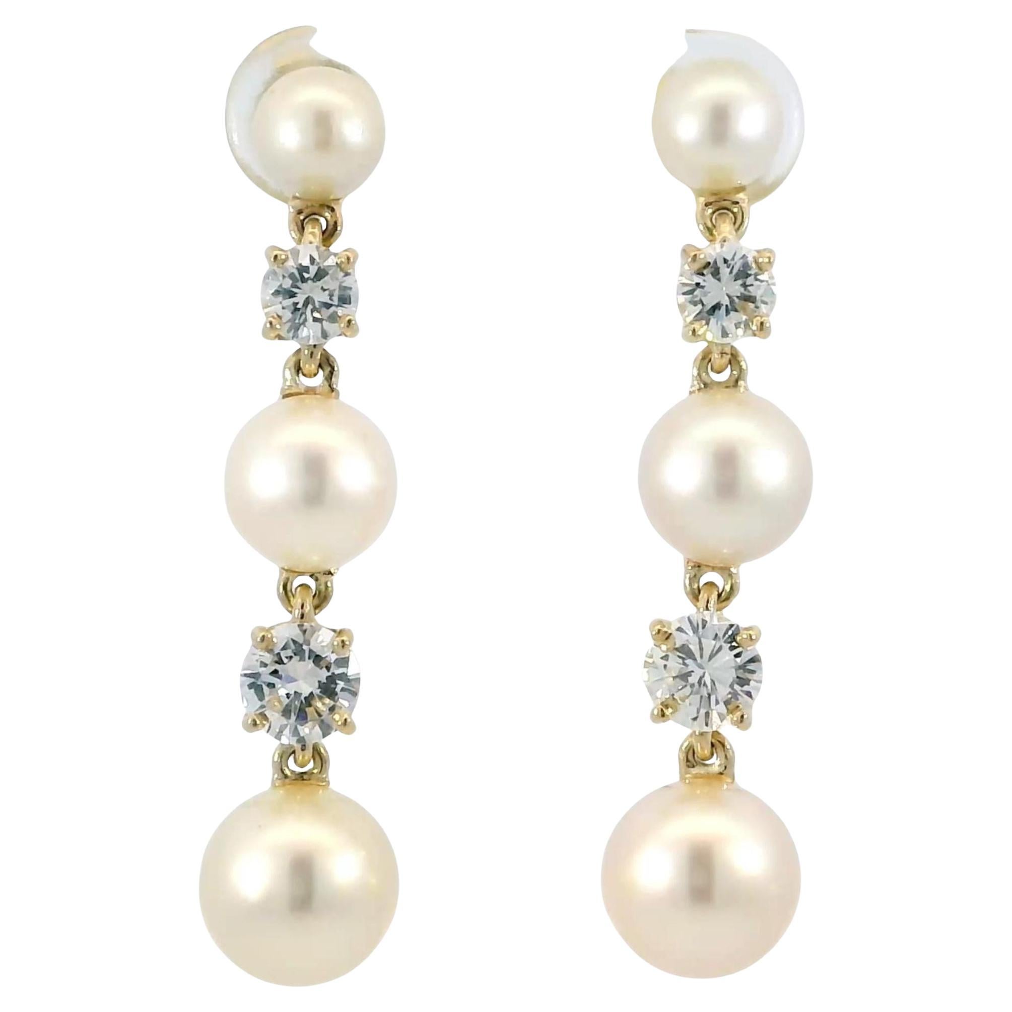 Estate Diamond Pearl Earrings Drops 14K Yellow Gold Stud Closure ~1.36ctw en venta