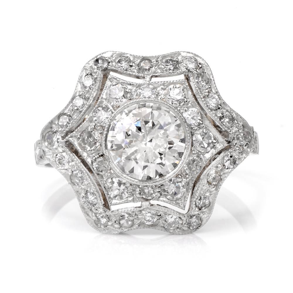 Estate Diamond Platinum Filigree Engagement Ring In Excellent Condition In Miami, FL