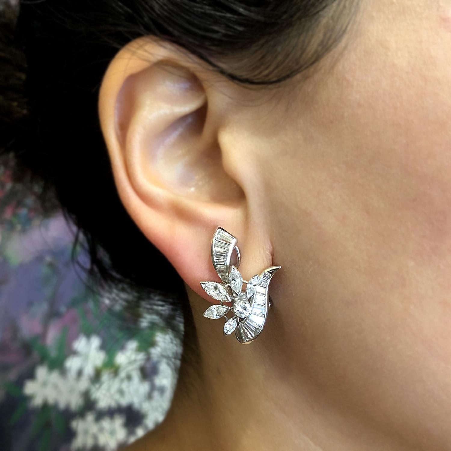 Estate Diamond Platinum Flower Cluster Earring 1