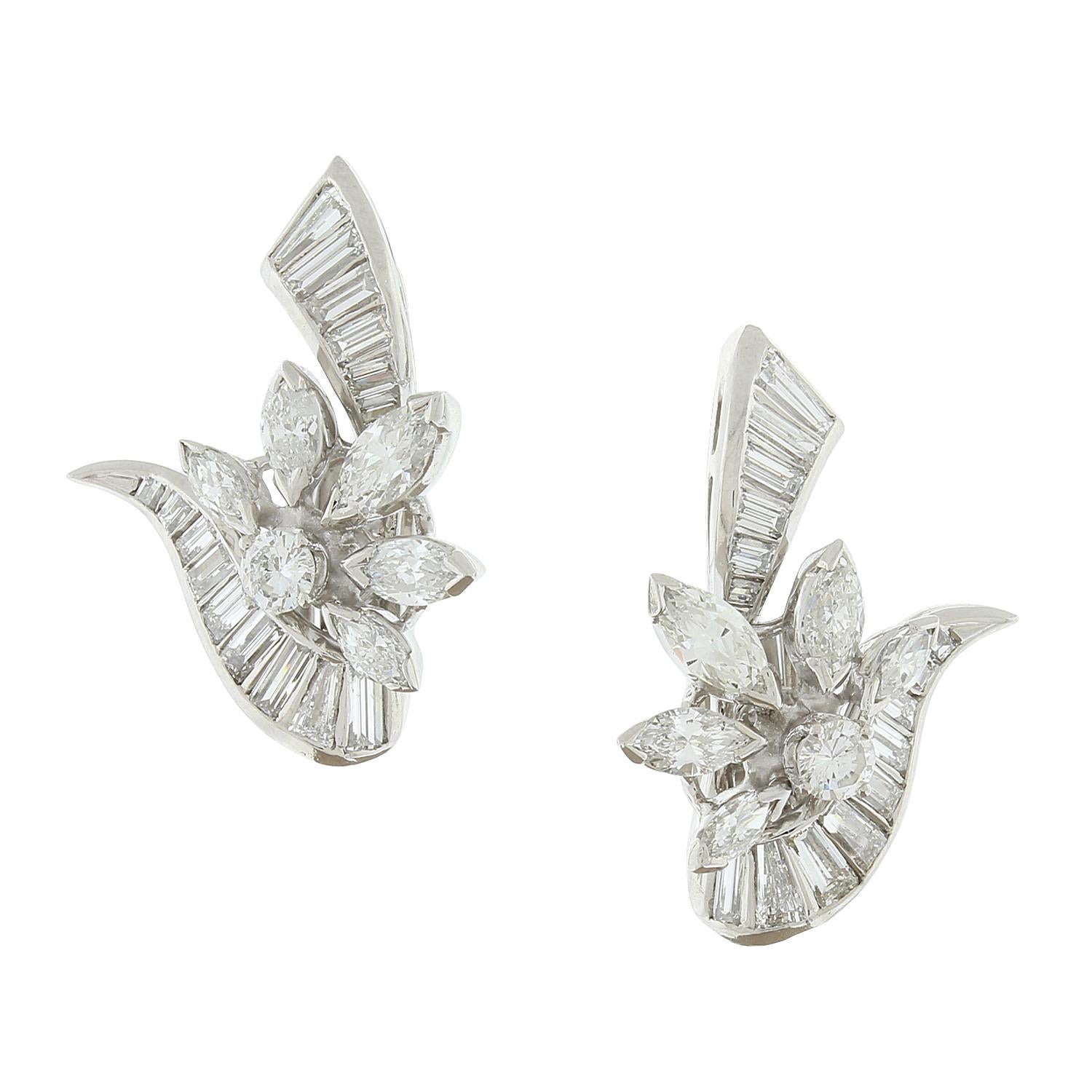 Estate Diamond Platinum Flower Cluster Earring