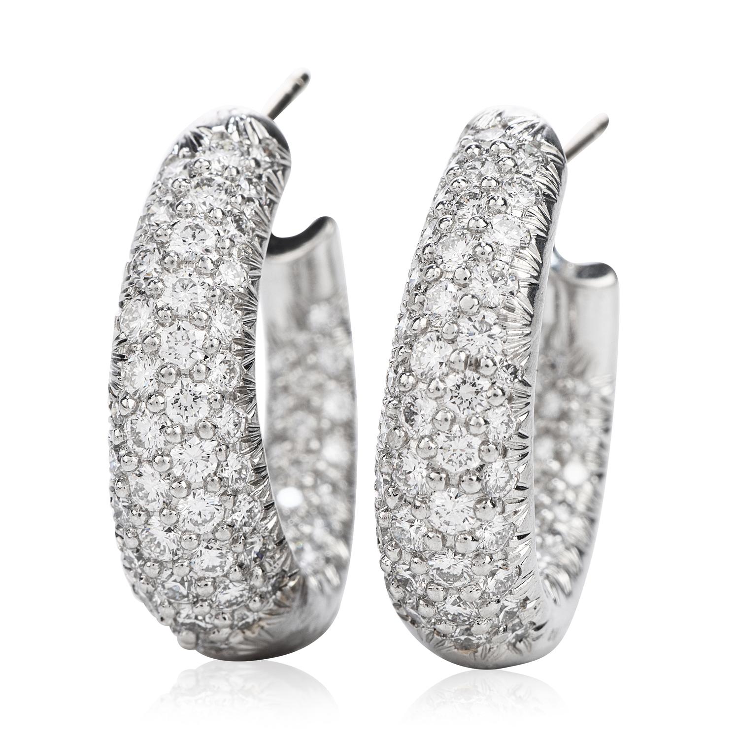 Timeless Elegance and Dazzling Sparkle, 

The Inside-Outside Design make these Platinum hoop Earrings ready to shine, 

Crafted in Solid Platinum,

with 132 Round Cut Diamonds with a total carat weight of 3.30 cts, G-H Color, VS clarity, Pave