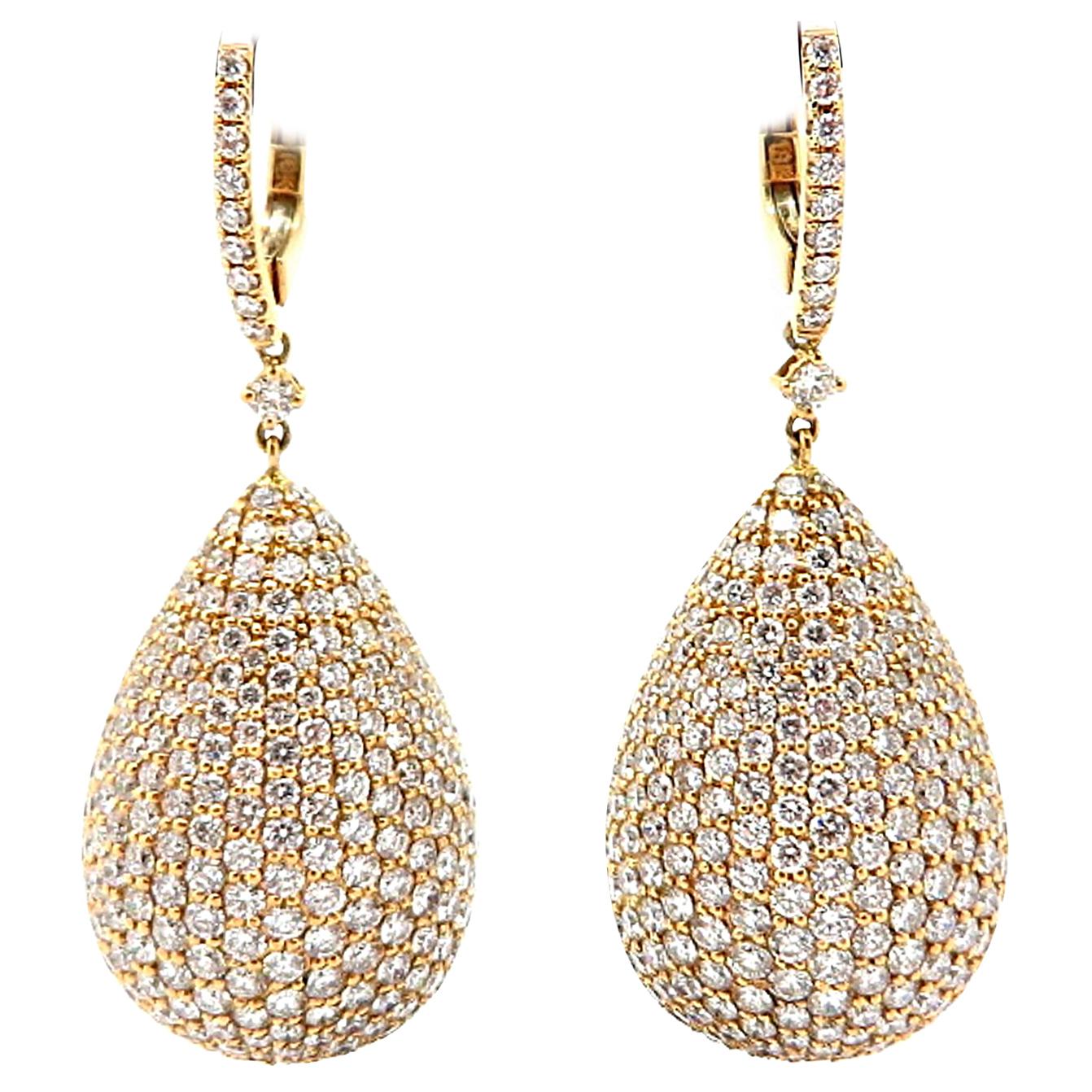 Estate Diamond Round Pave Teardrop Earrings 18 Karat Rose Gold For Sale