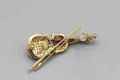 Estate Diamond Ruby 18k Yellow Gold Violin Brooch Pin