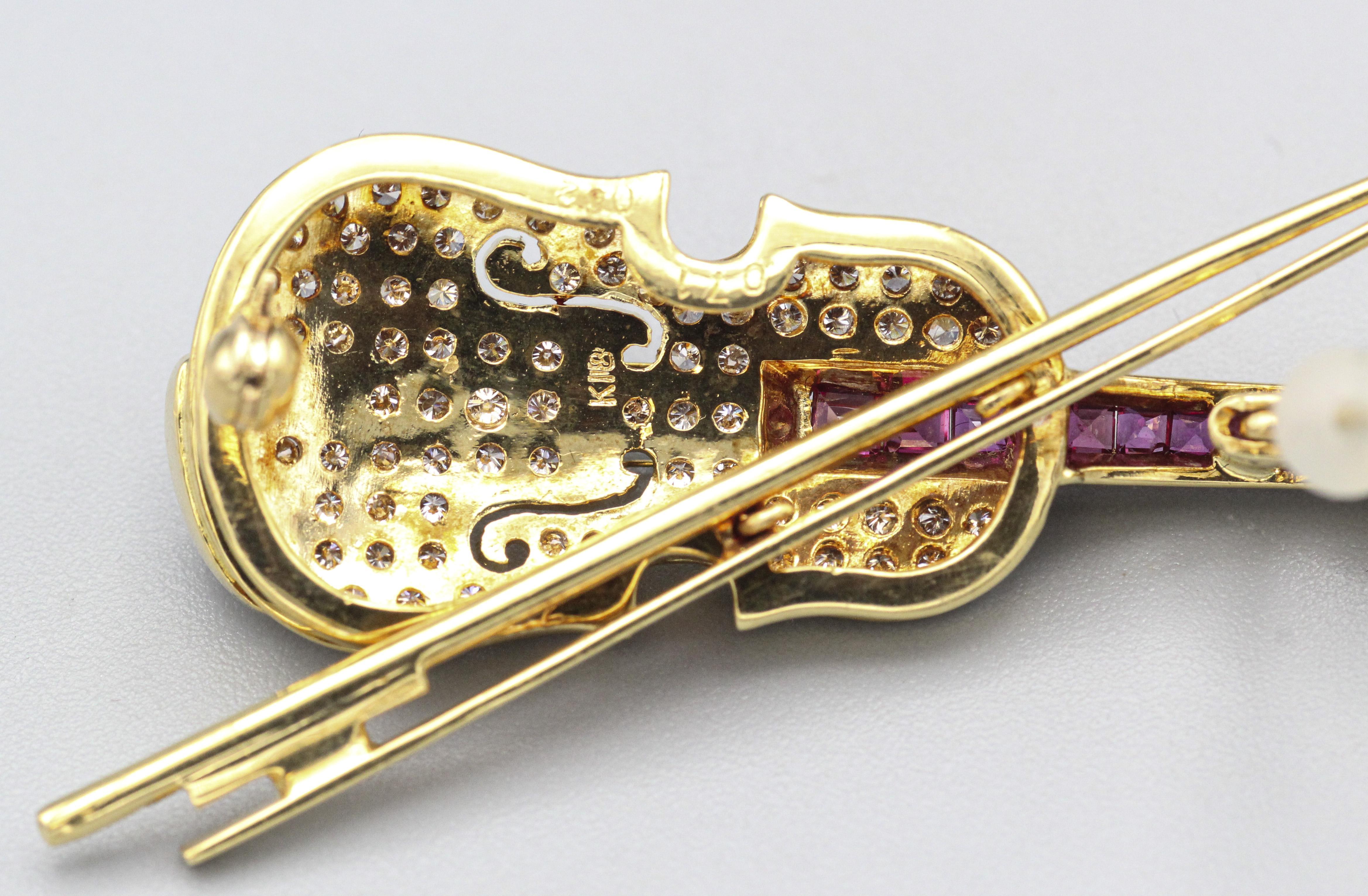 Square Cut Estate Diamond Ruby 18k Yellow Gold Violin Brooch Pin