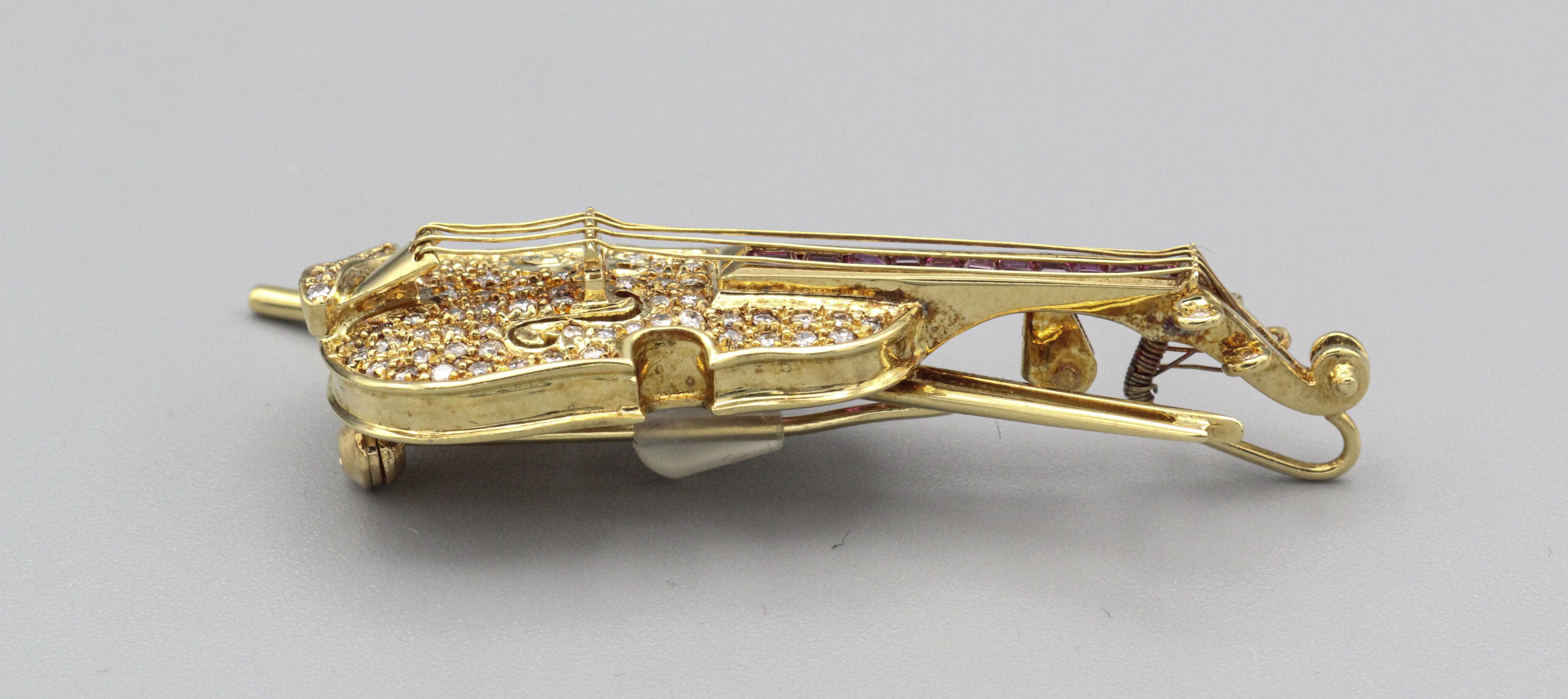 Estate Diamond Ruby 18k Yellow Gold Violin Brooch Pin 1