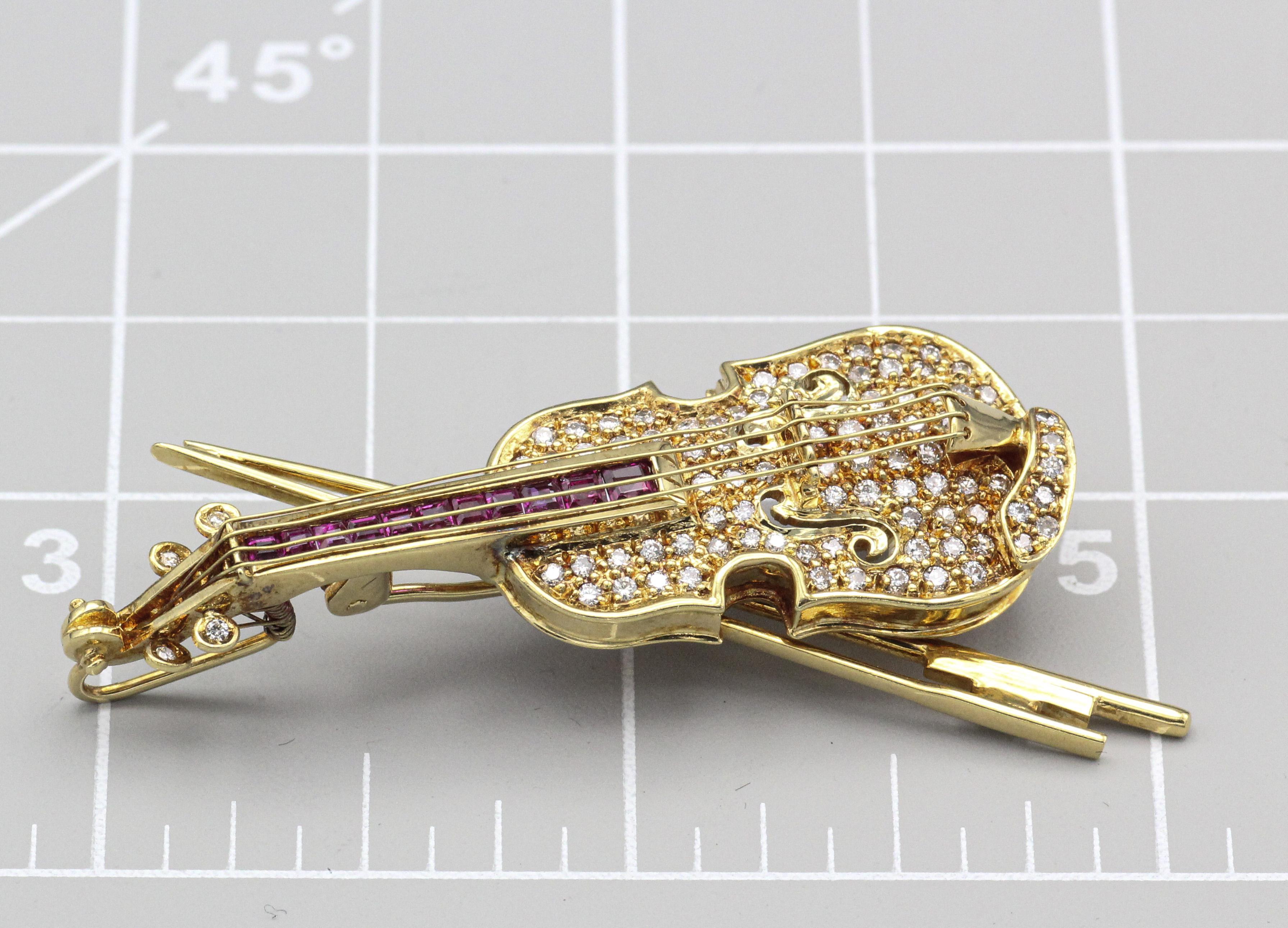 Estate Diamond Ruby 18k Yellow Gold Violin Brooch Pin 4