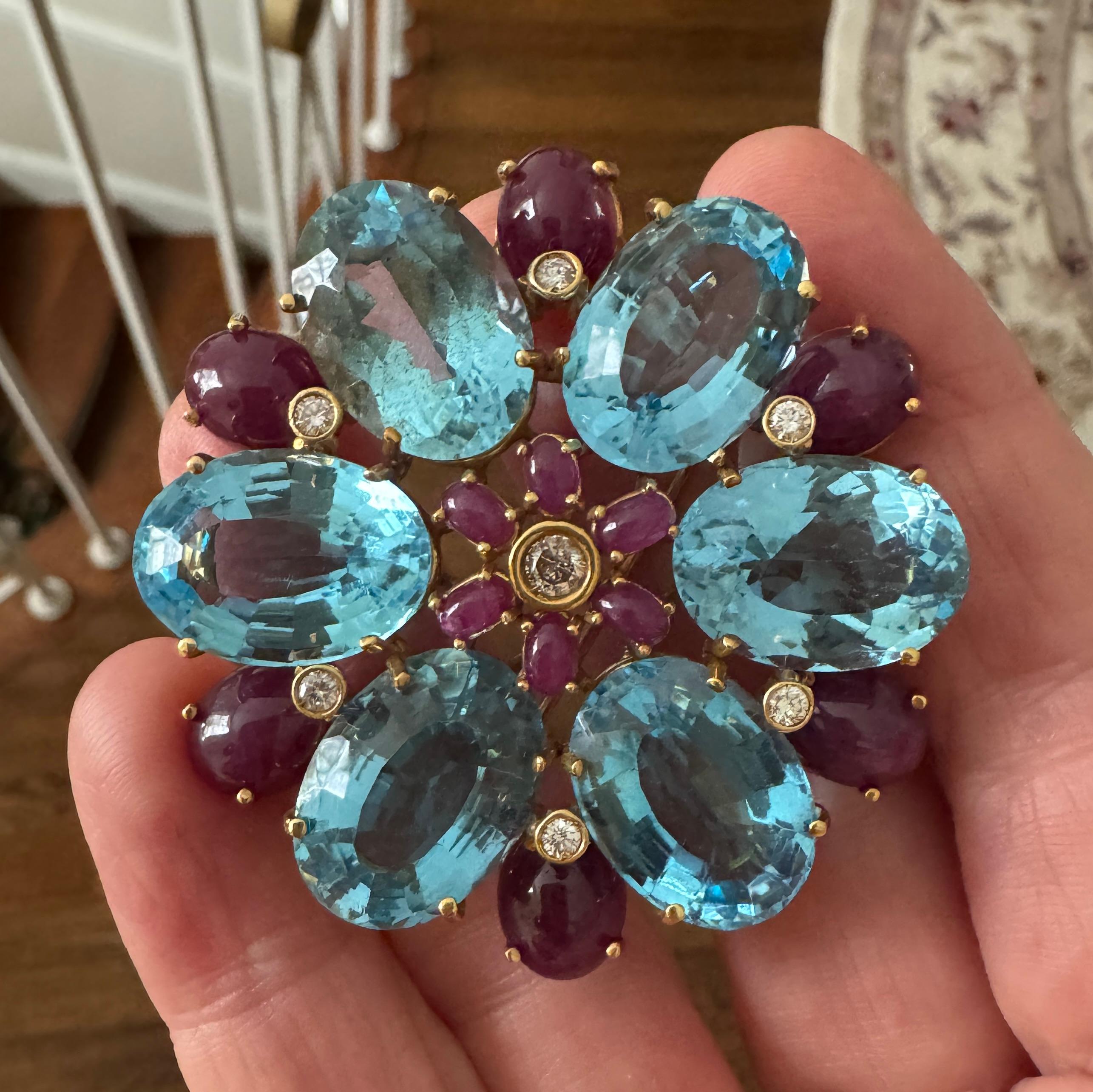 Estate Diamond, Ruby and Blue Topaz Statement Brooch For Sale 6