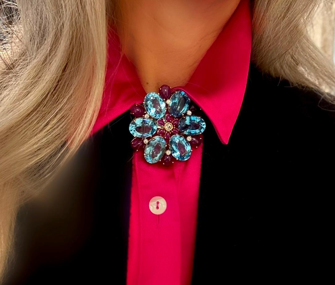 Estate Diamond, Ruby and Blue Topaz Statement Brooch For Sale 7