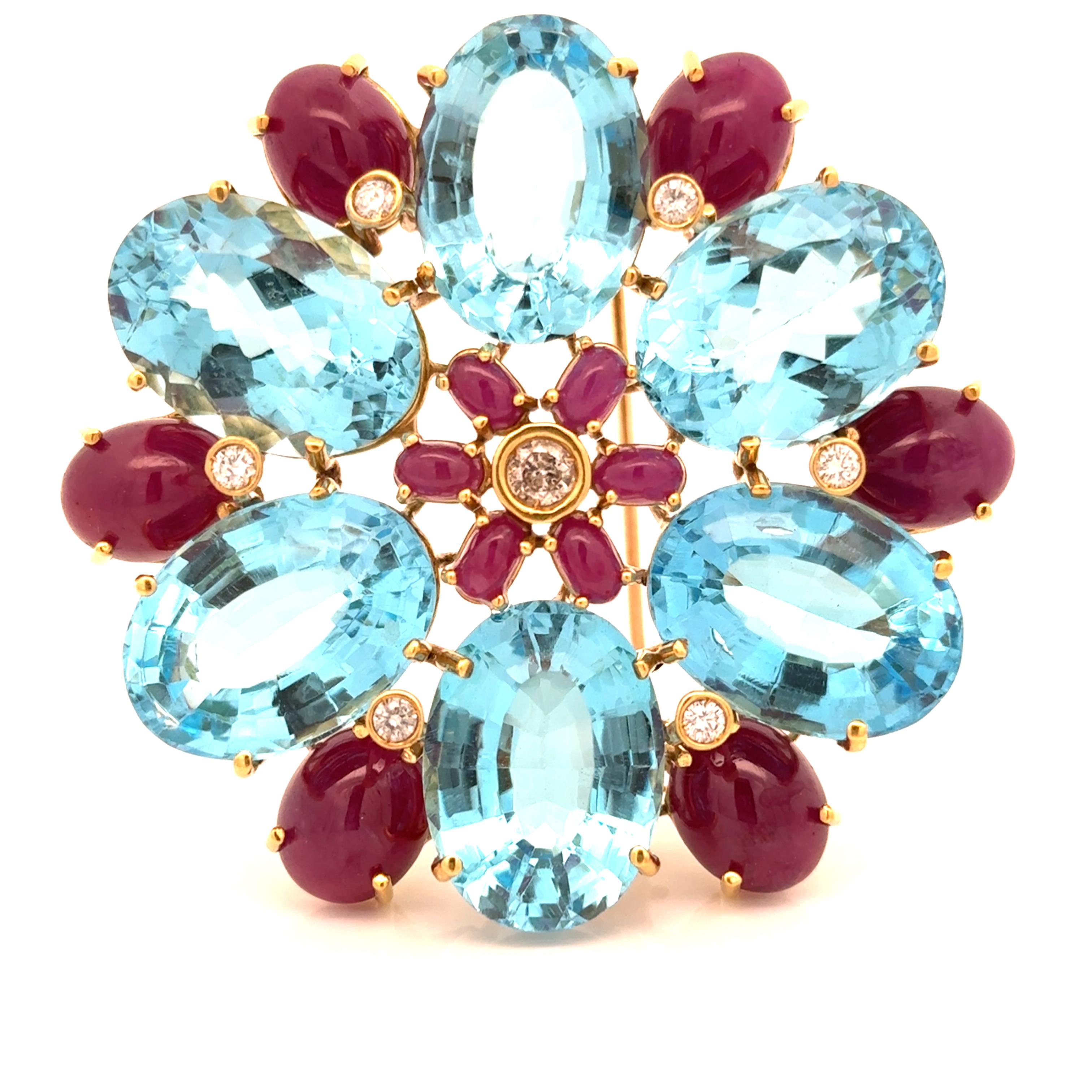 Introducing our 90 carat blue topaz Estate Diamond, Ruby, and Blue Topaz Statement Brooch. Elevate your style with this versatile, high-quality piece that makes a bold statement. Add a touch of timeless beauty and glamour to any outfit, just like