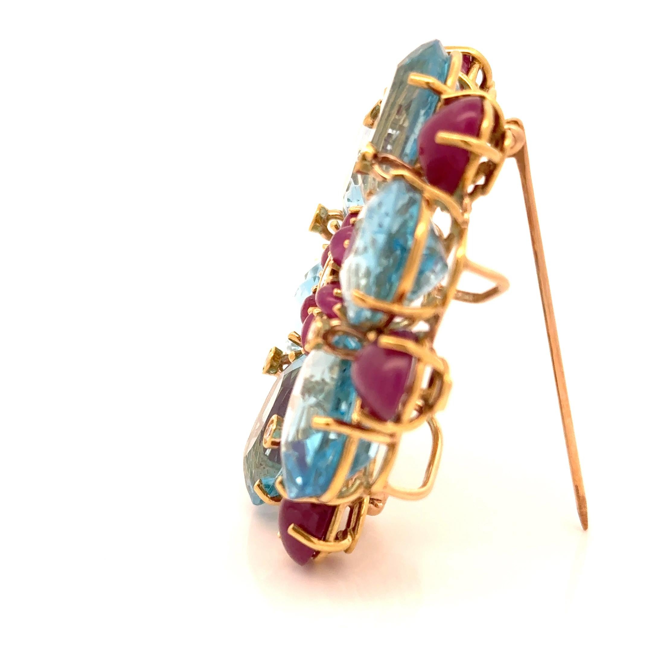 Oval Cut Estate Diamond, Ruby and Blue Topaz Statement Brooch For Sale