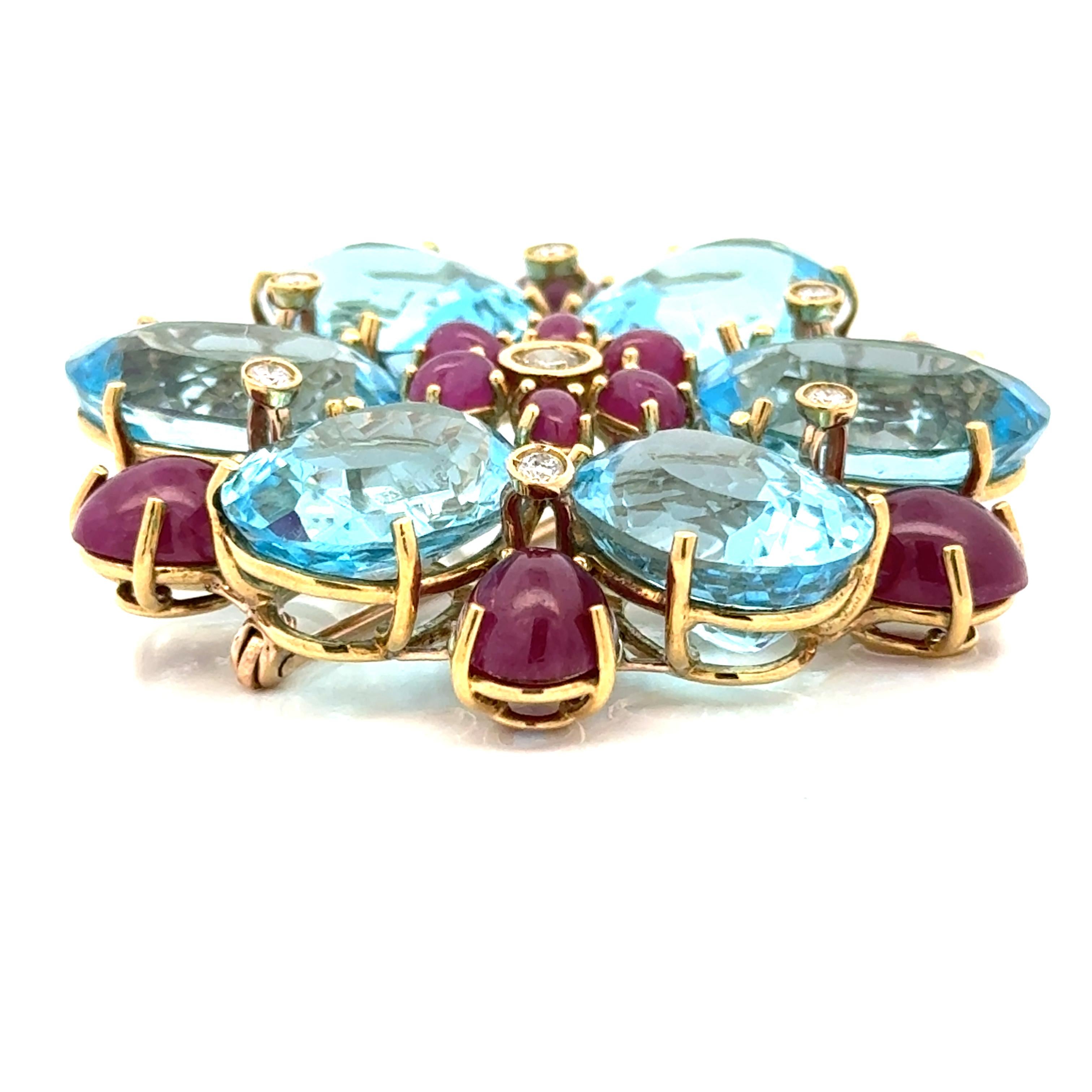 Estate Diamond, Ruby and Blue Topaz Statement Brooch For Sale 1