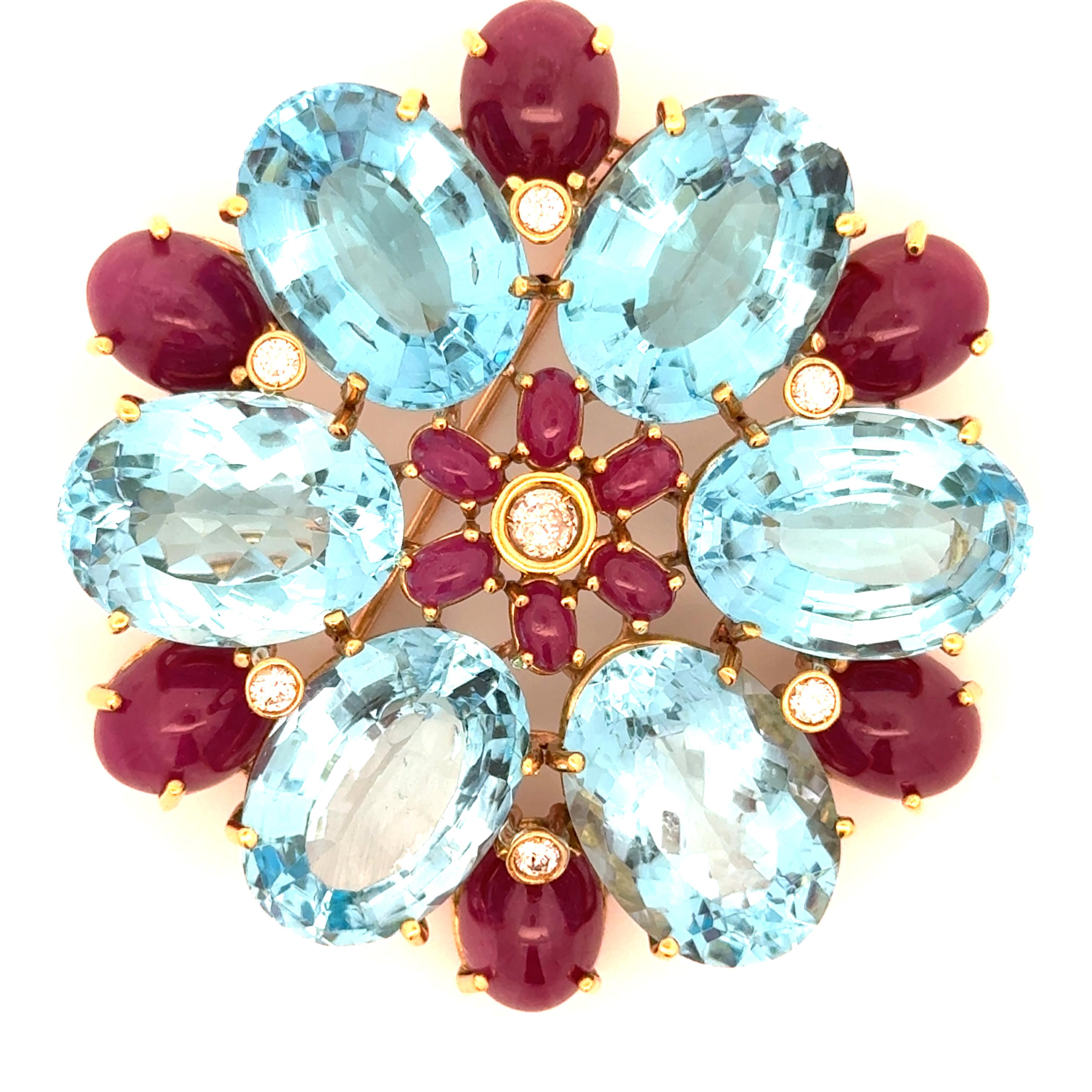 Estate Diamond, Ruby and Blue Topaz Statement Brooch For Sale 2