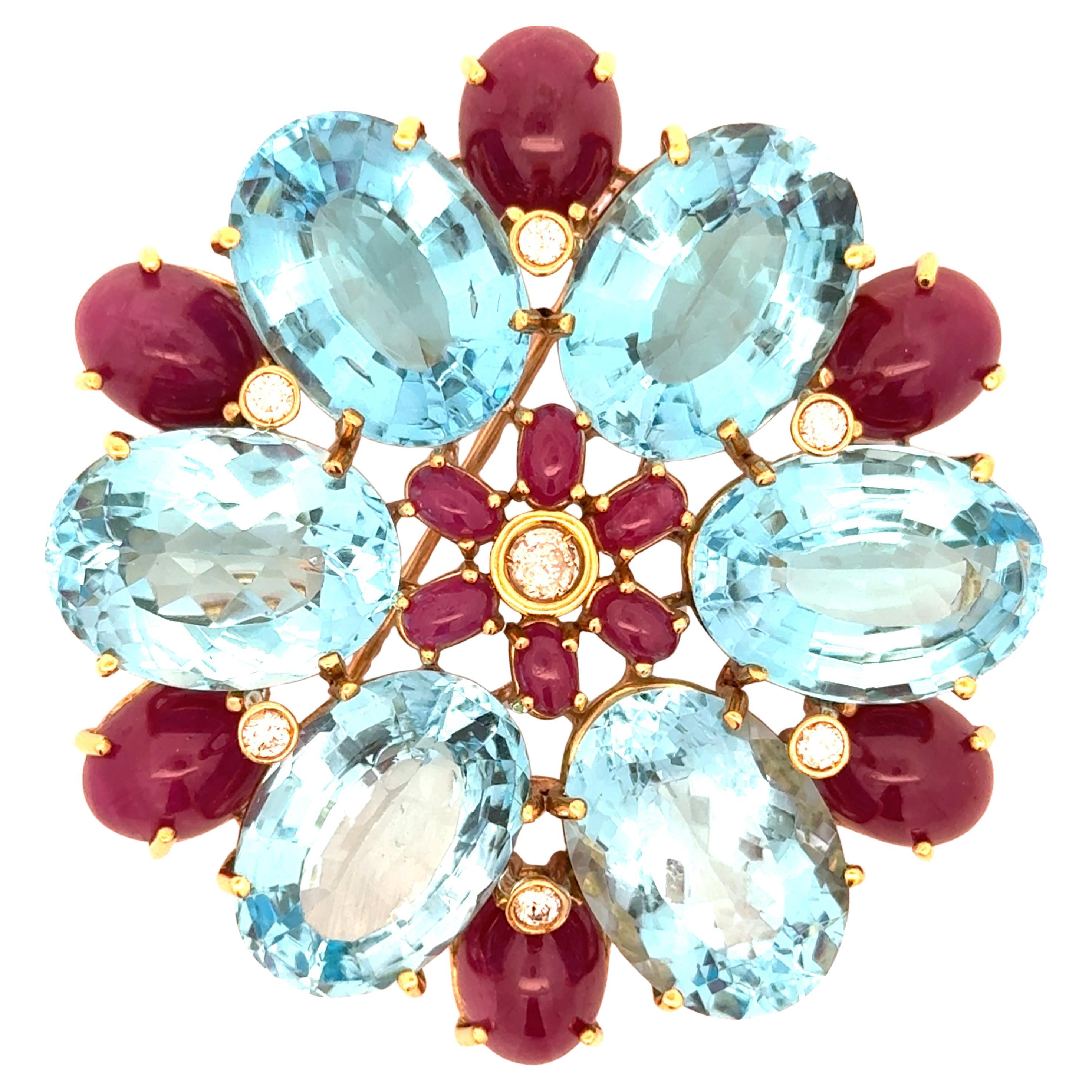 Estate Diamond, Ruby and Blue Topaz Statement Brooch For Sale