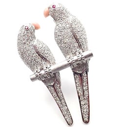Estate Diamond Ruby Coral Two Love Birds Parrot White Gold Pendant Pin Brooch