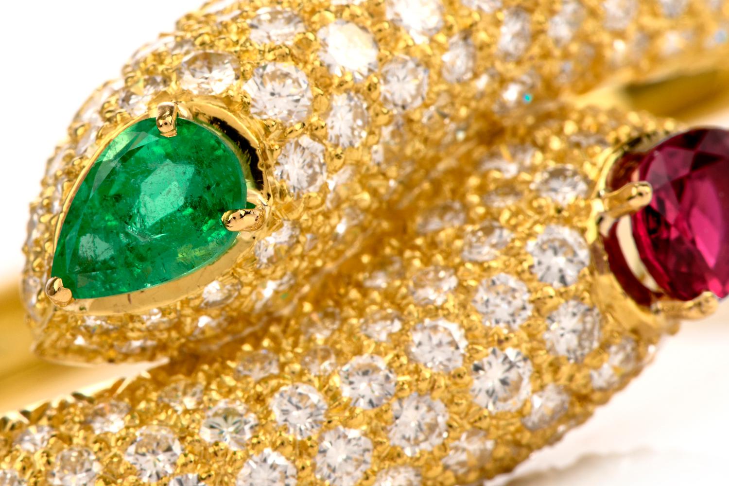 Women's Estate Diamond Ruby Emerald Serpent Bypass Bangle Bracelet
