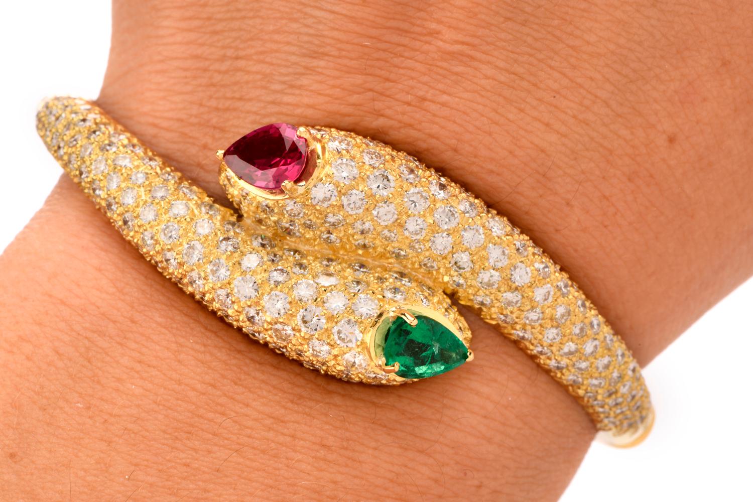 Estate Diamond Ruby Emerald Serpent Bypass Bangle Bracelet 2
